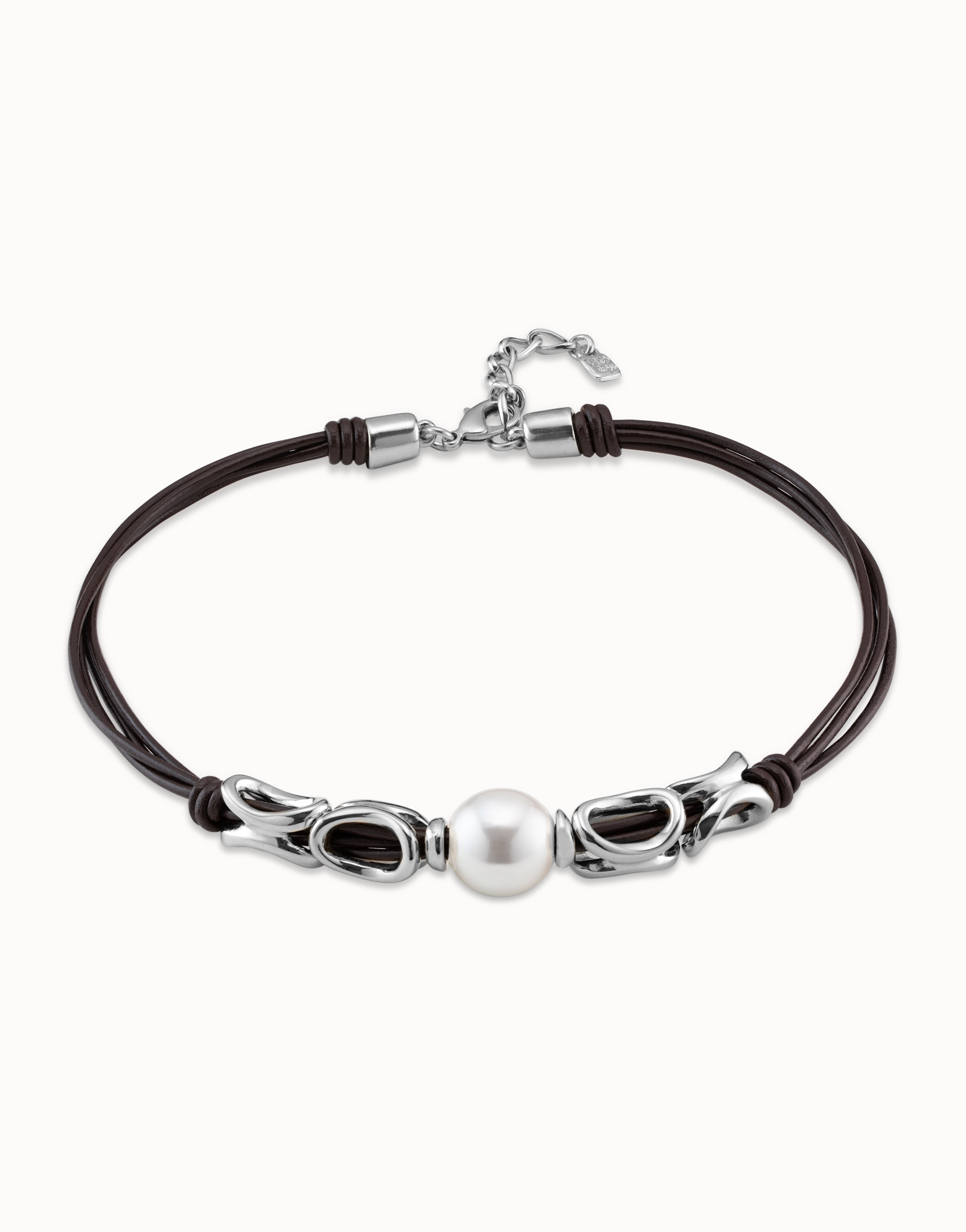 Short necklace with 4 leather straps with sterling silver-plated links and central pearl, Silver, large image number null