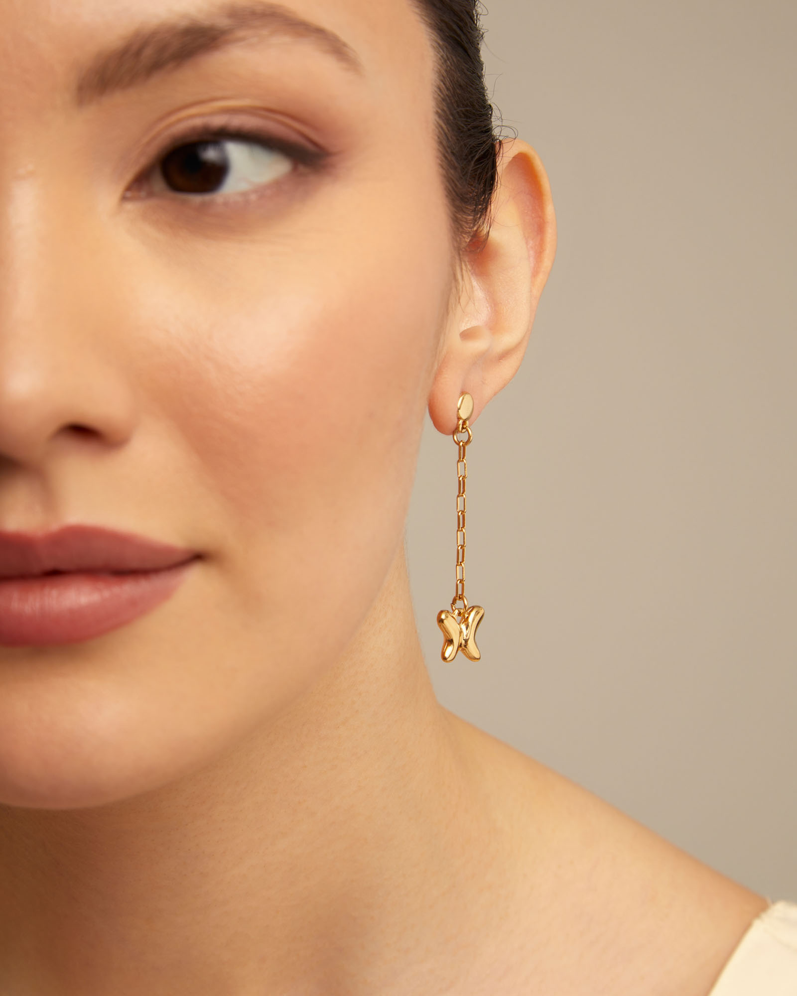 18K gold-plated earrings with dangling chain, Golden, large image number null