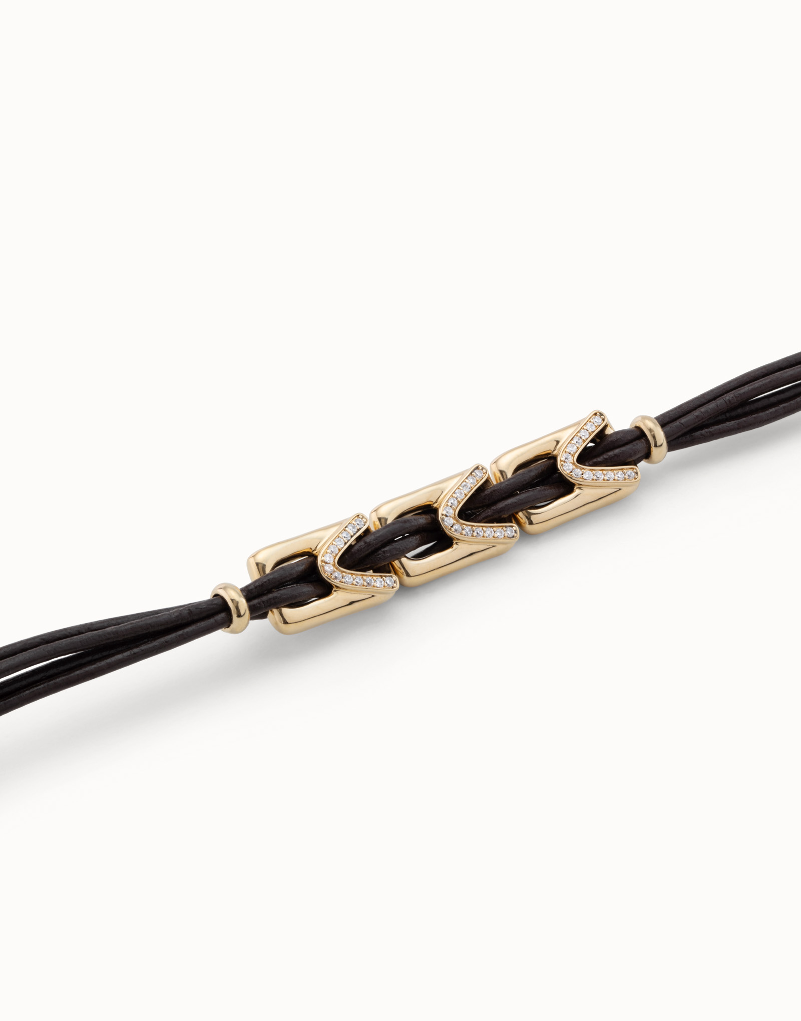 Leather bracelet with 3 18K gold-plated links with topaz and button clasp, Golden, large image number null