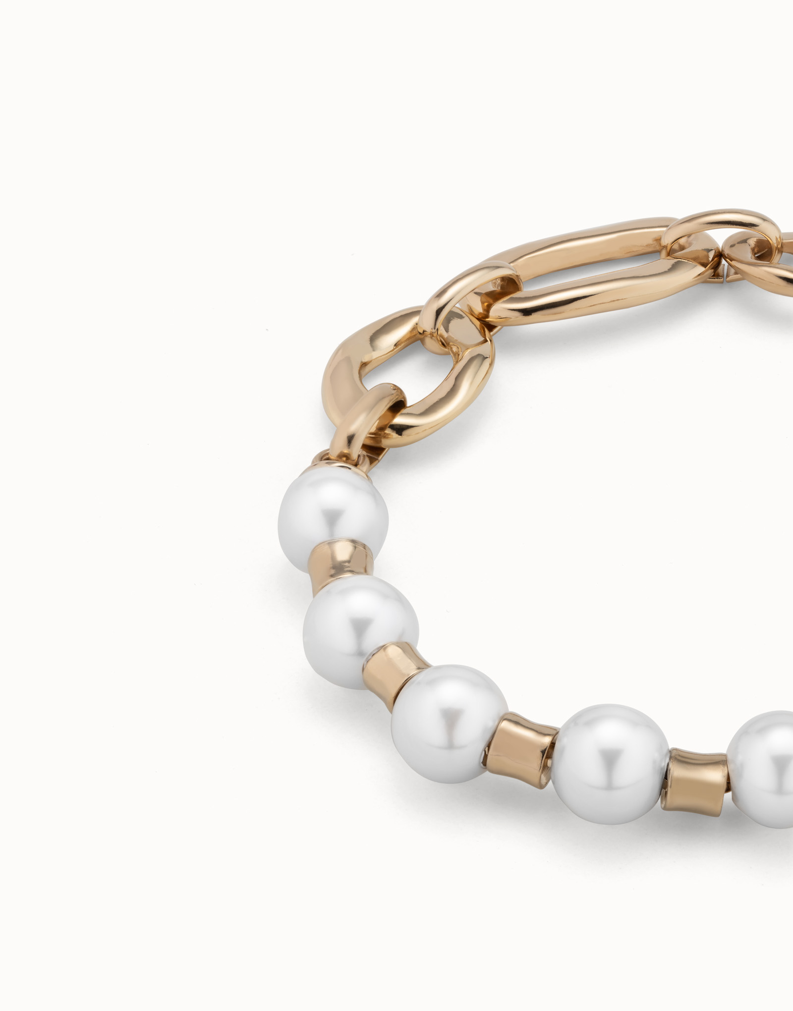 18K gold-plated bracelet with a combination of different link types and pearls, Golden, large image number null