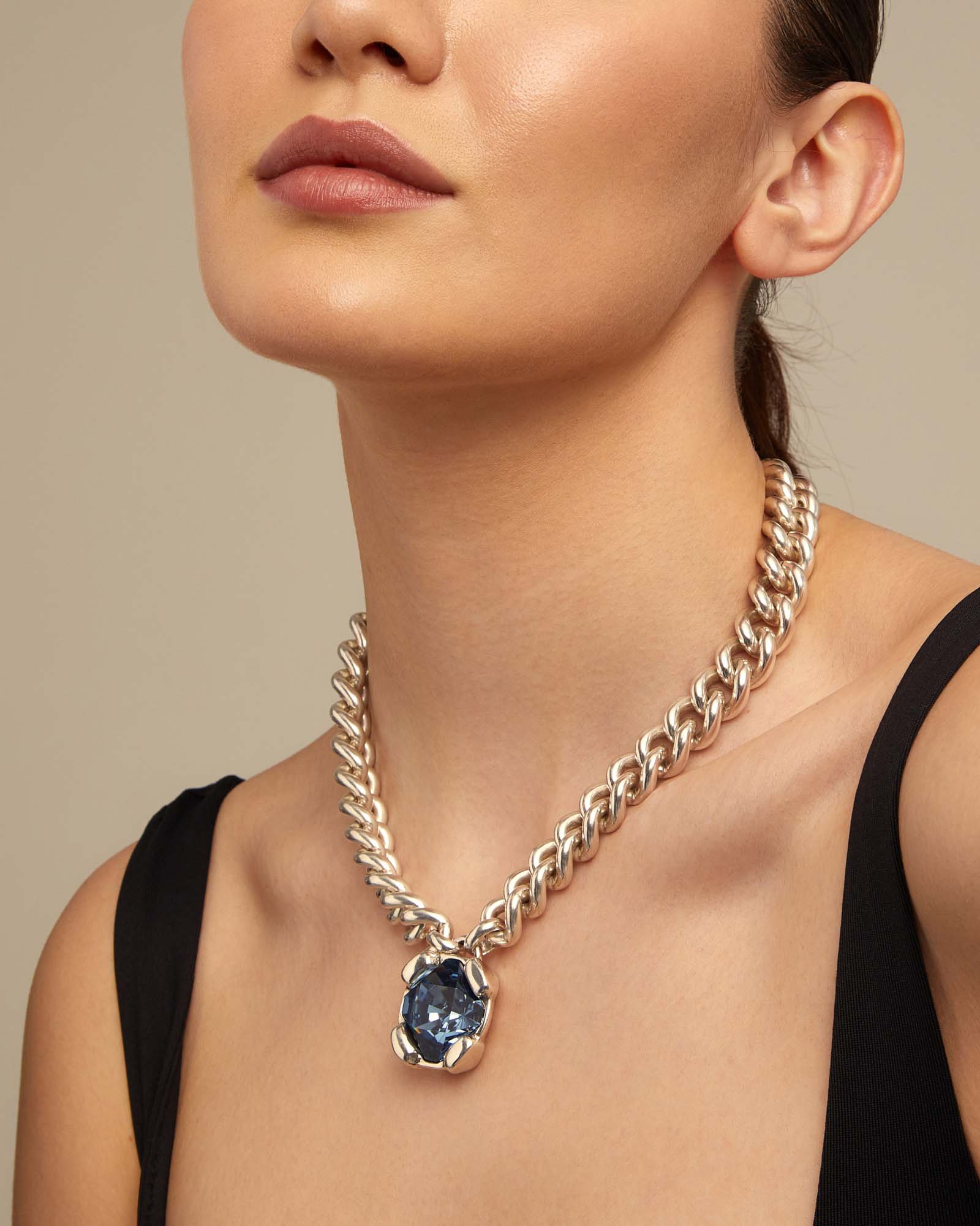 Sterling silver-plated necklace with blue crystal, Silver, large image number null