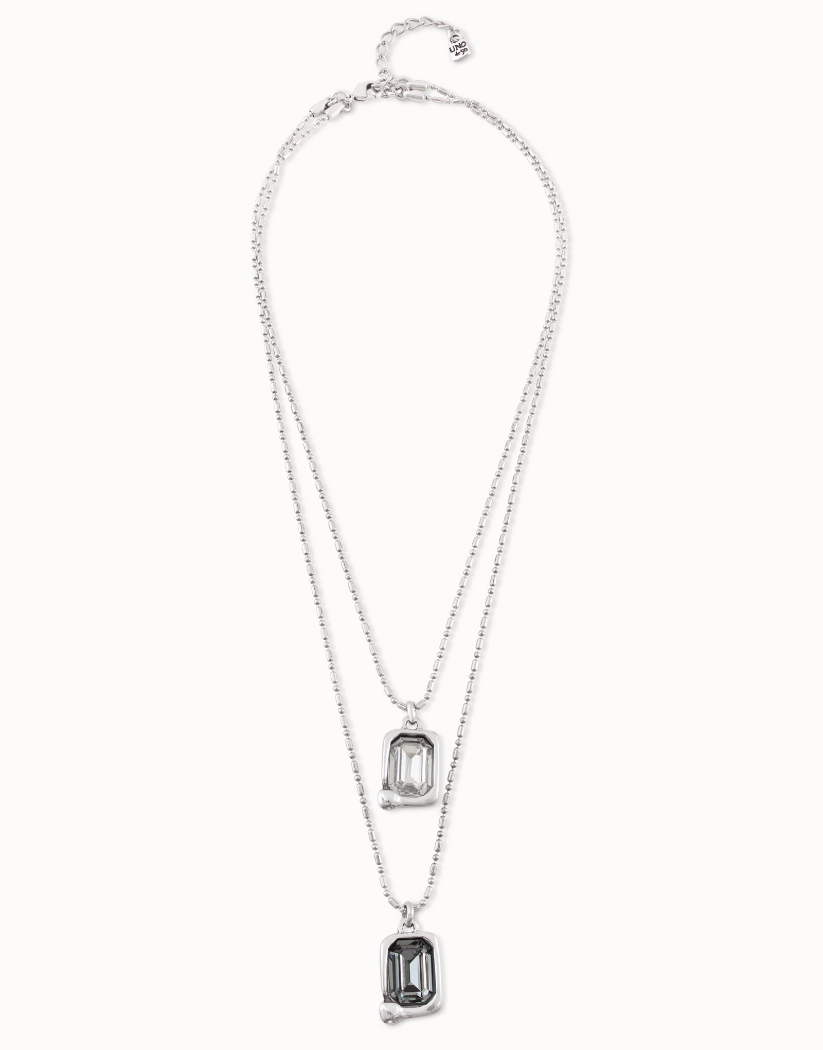 Sterling silver-plated necklace with 2 thin chains and 2 central charms with light gray and greenish gray crystal, Silver, large image number null