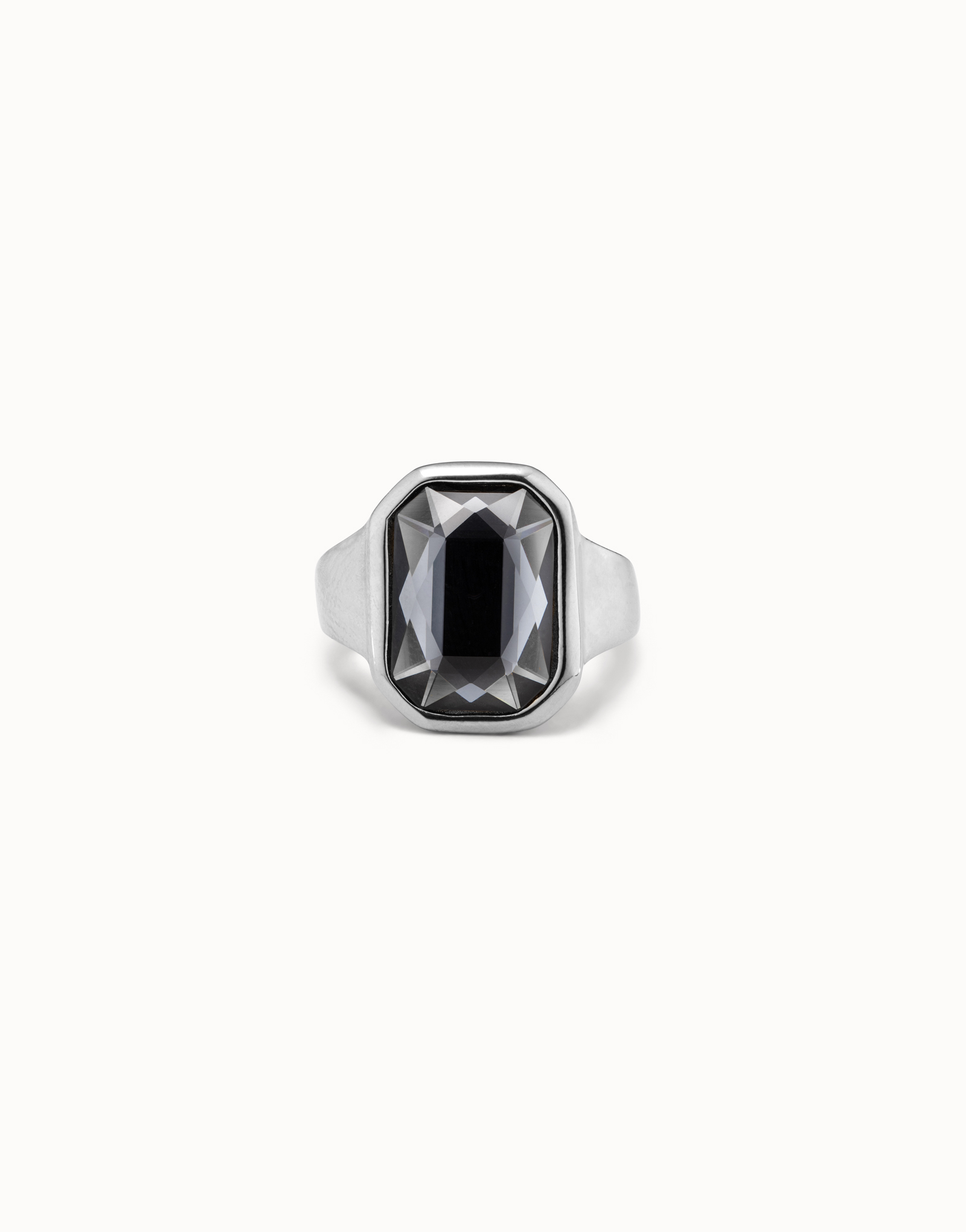 Silver-plated ring with central hexagonal case and dark gray crystal, Silver, large image number null