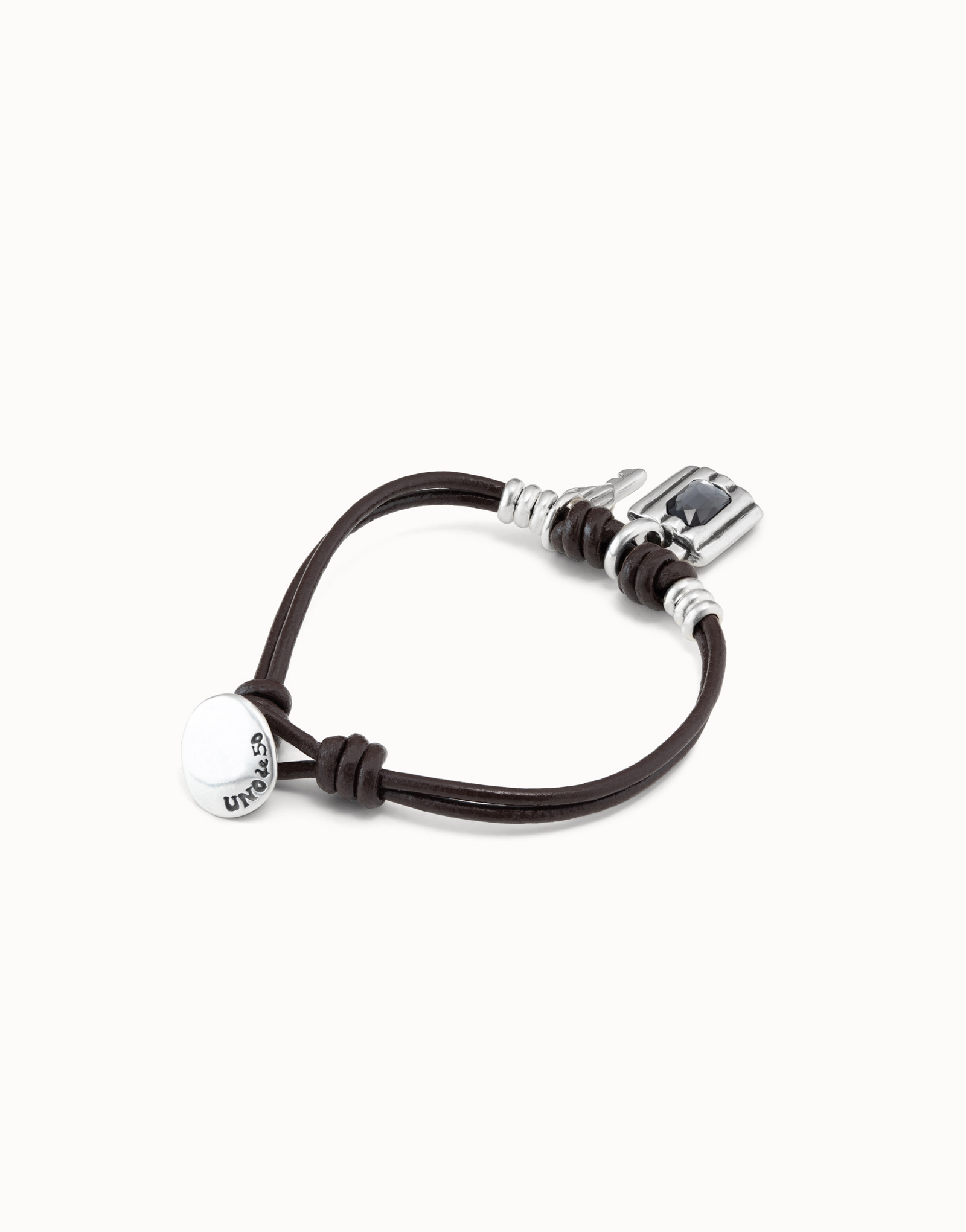 Sterling silver-plated bracelet with leather straps and padlock and key charms, , large image number null