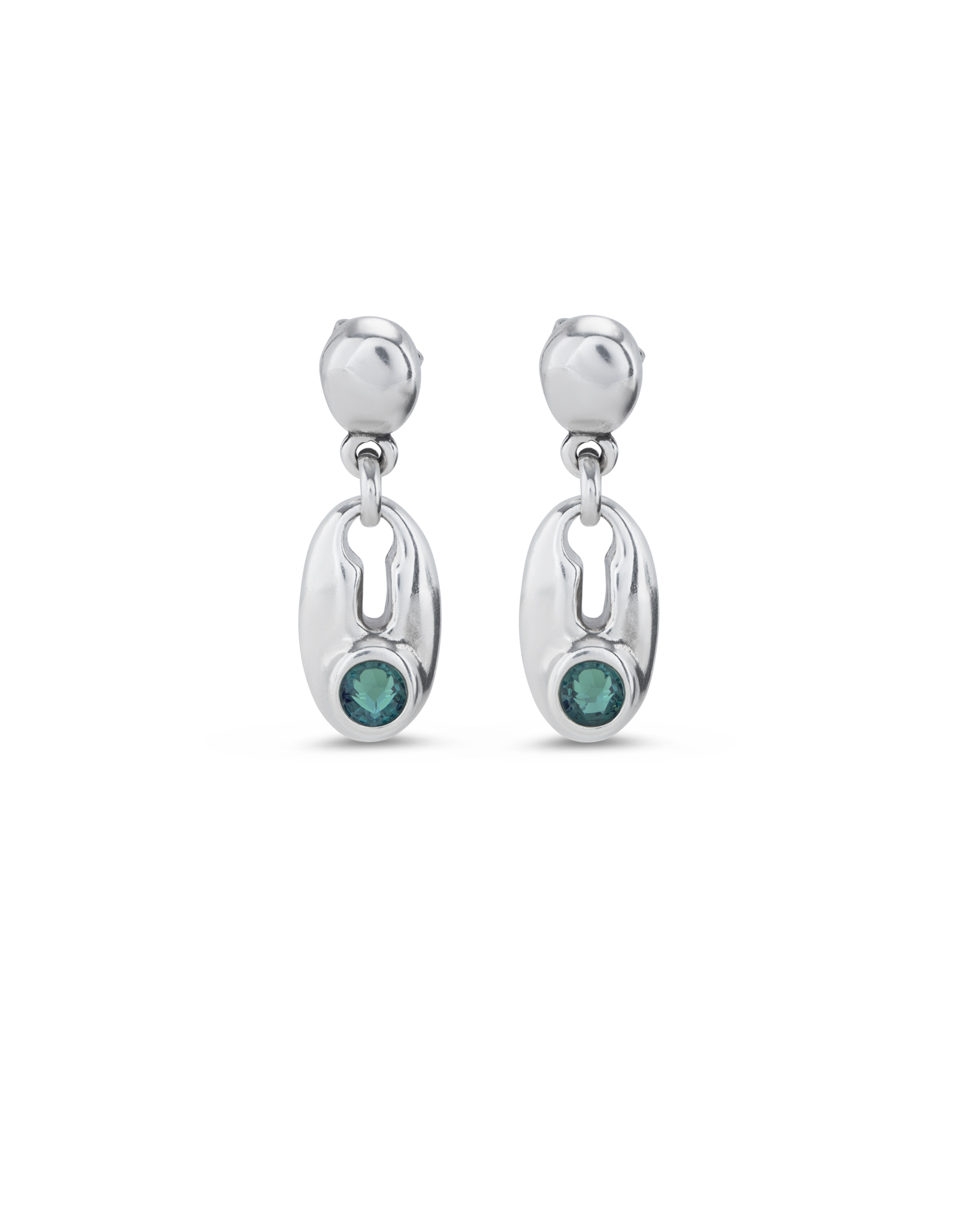 Silver-plated earrings and green crystal, Silver, large image number null
