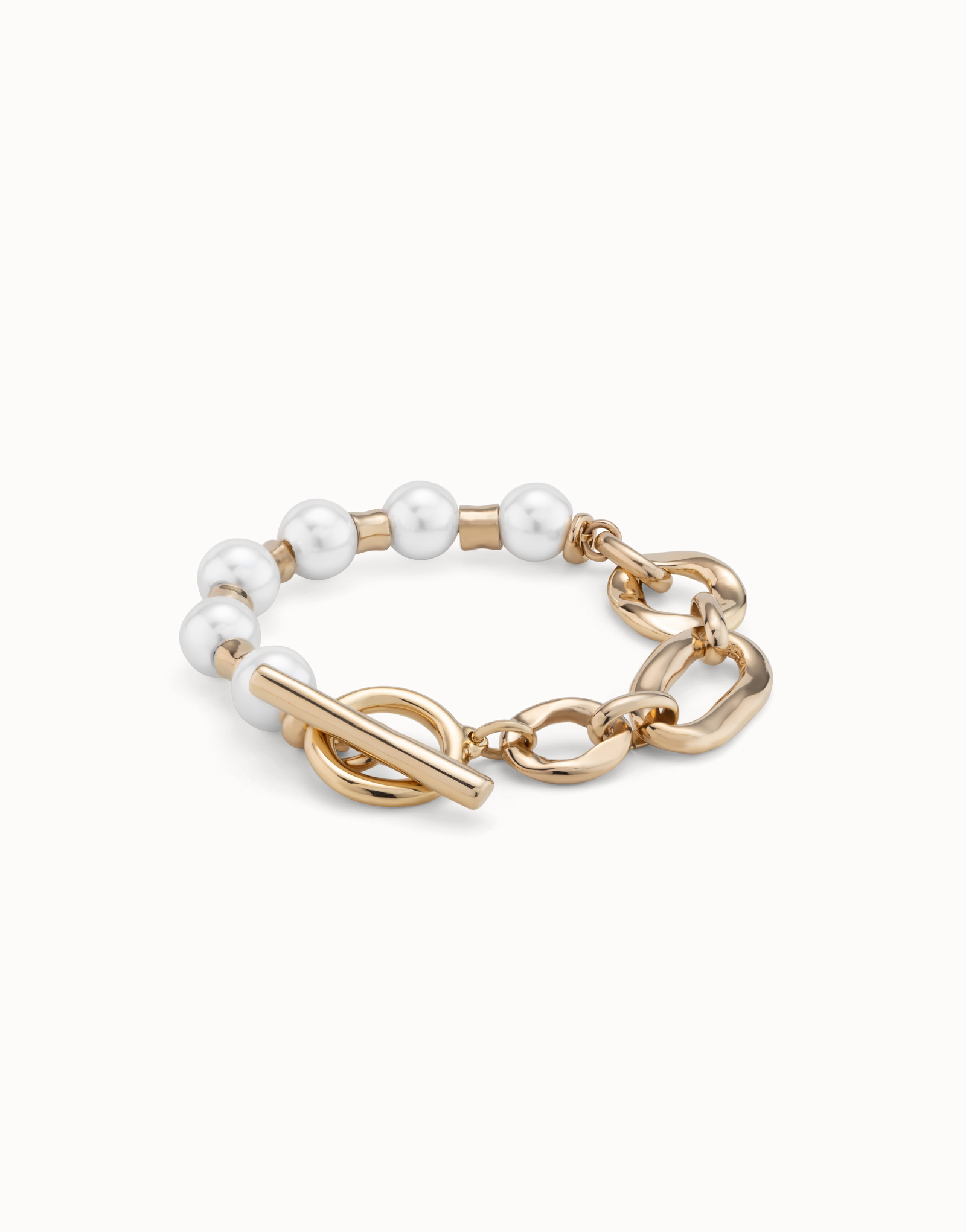 18K gold-plated bracelet with a combination of different link types and pearls, Golden, large image number null