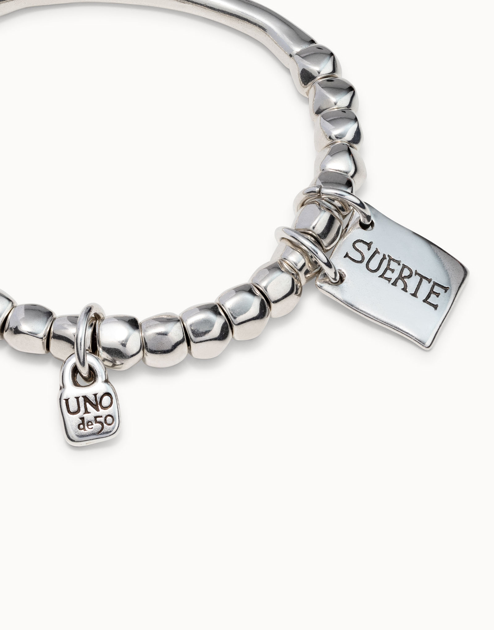 Bead bracelet with tubular piece and silver-plated plate with message, , large image number null