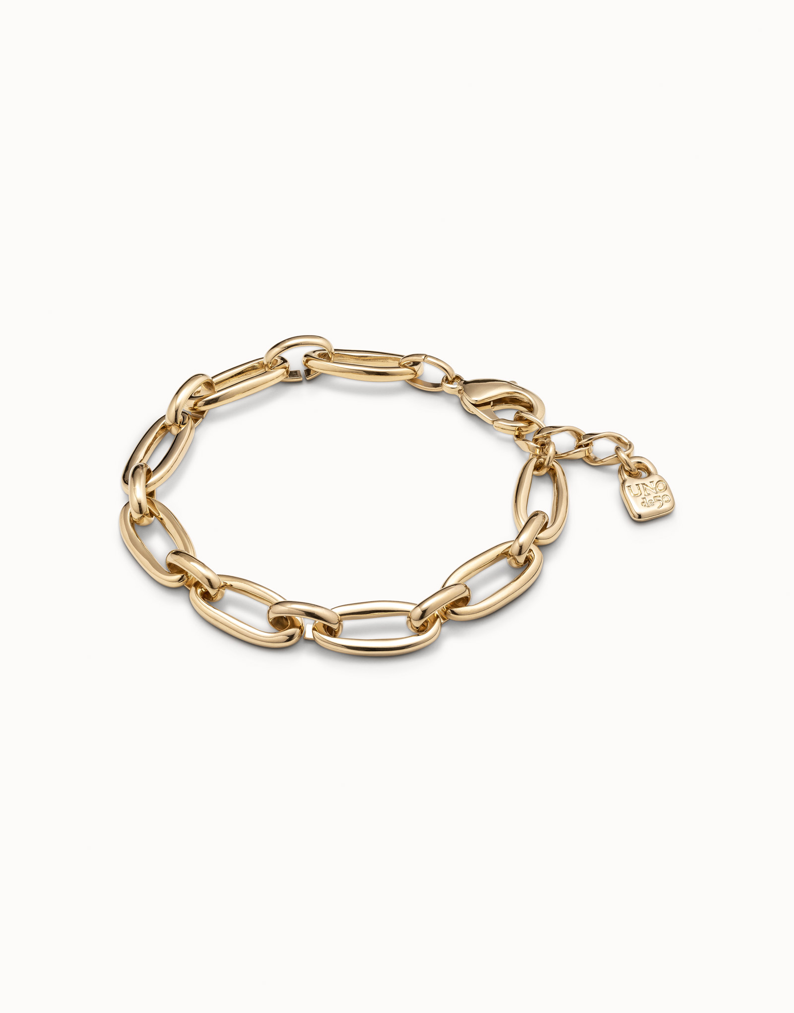 Gold-plated medium sized oval link bracelet with carabiner clasp, Golden, large image number null