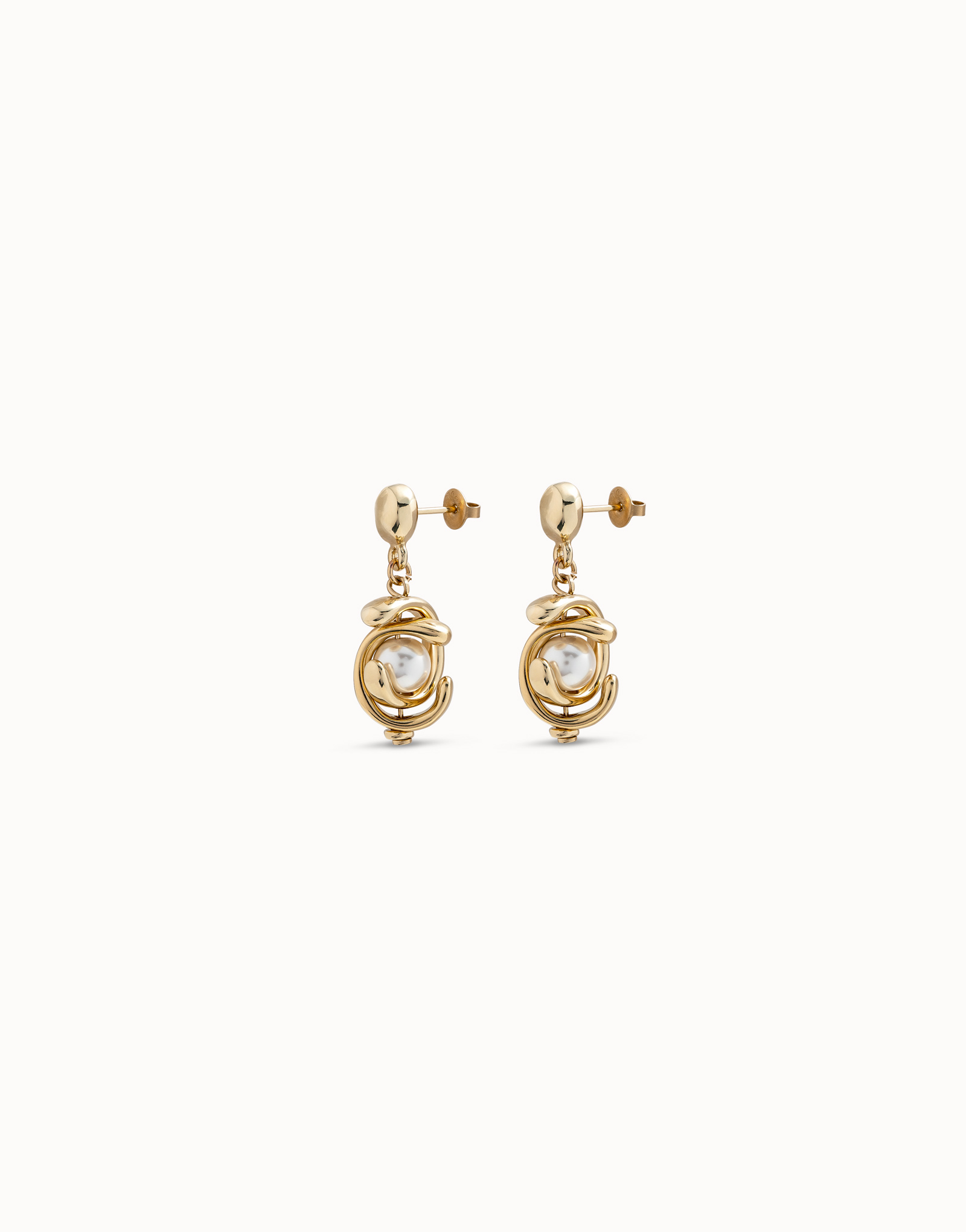18k gold-plated earrings with double moon and pearl beads, Golden, large image number null