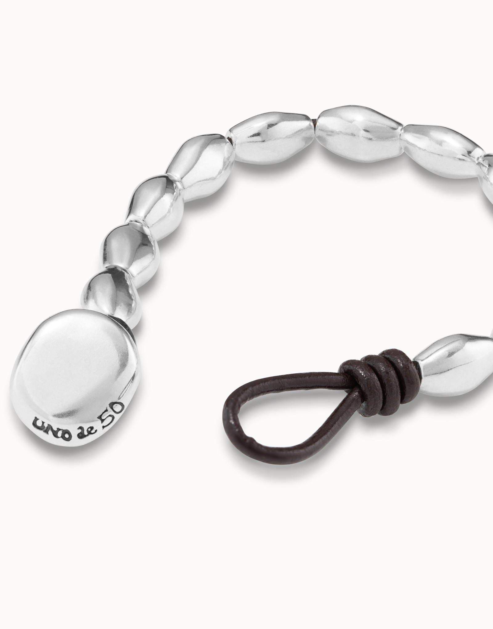 Bracelet plaqué argent et cuir avec accessoire ovale, Argent, large image number null