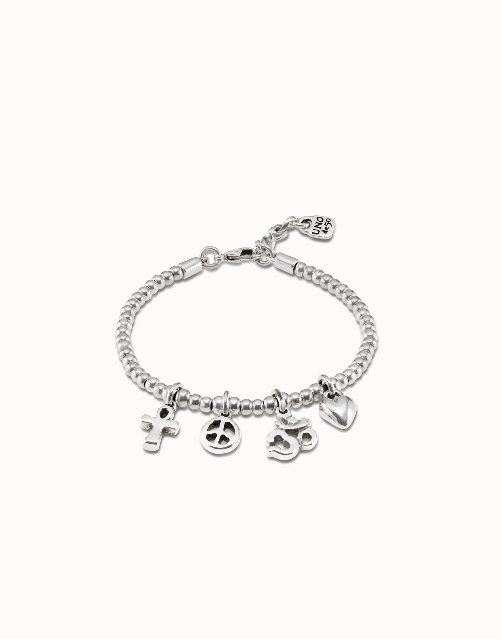 Bracelet plaqué argent avec chaîne à billes, 4 charmes et fermoir mousqueton, , large image number null