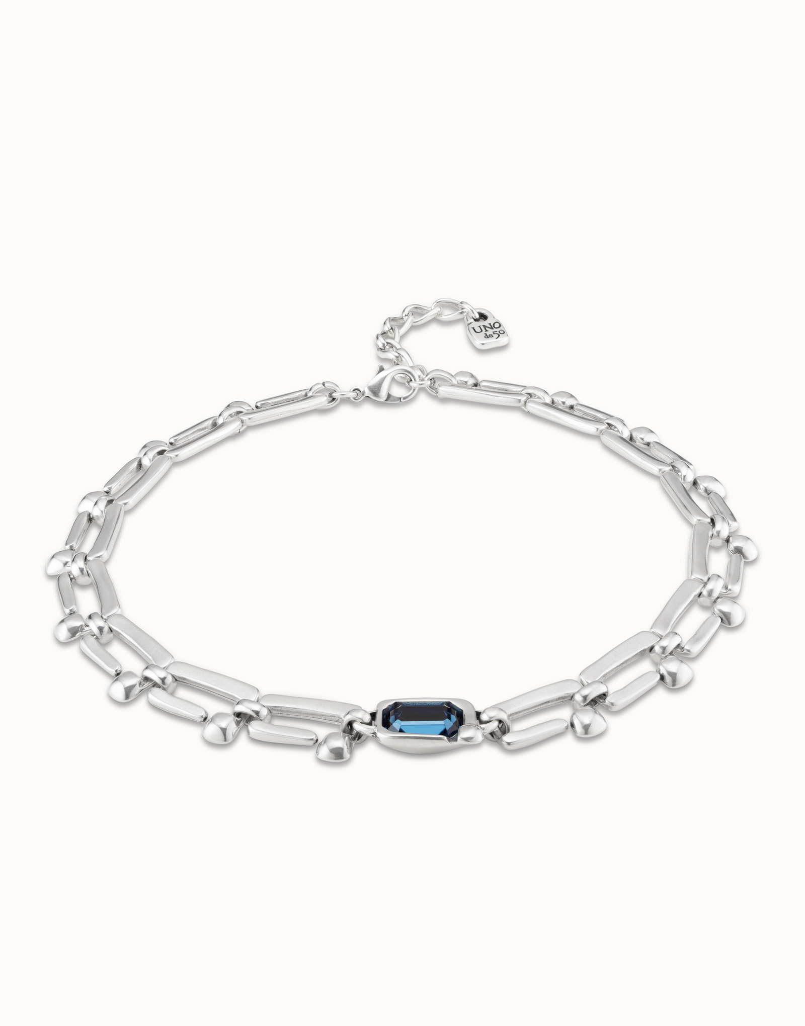 Sterling silver-plated short necklace with rectangular nail shaped links and blue crystal, Silver, large image number null
