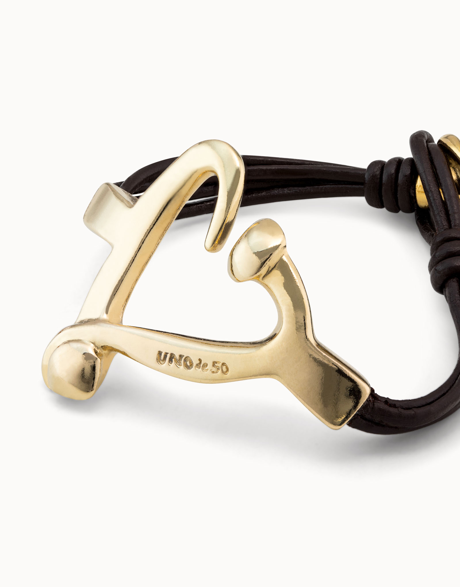 18K gold-plated bracelet with leather straps and nailed heart shape, Golden, large image number null