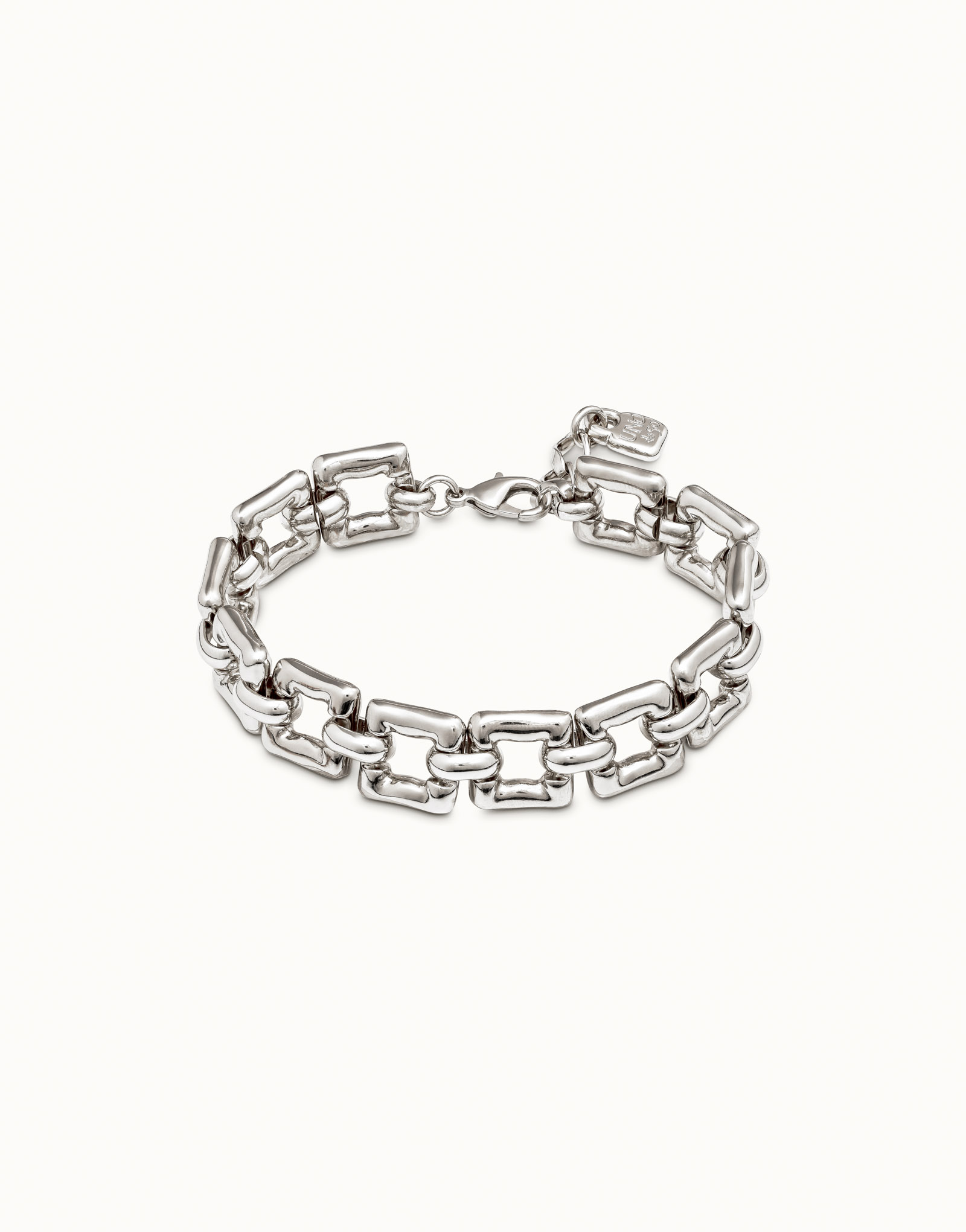 Silver-plated bracelet with small square links and carabiner clasp, Silver, large image number null