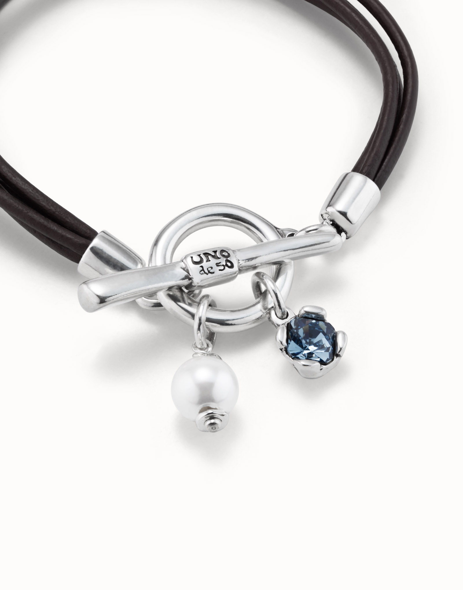 Bracelet en cuir plaqué argent avec charmes, cristaux et perle, Argent, large image number null