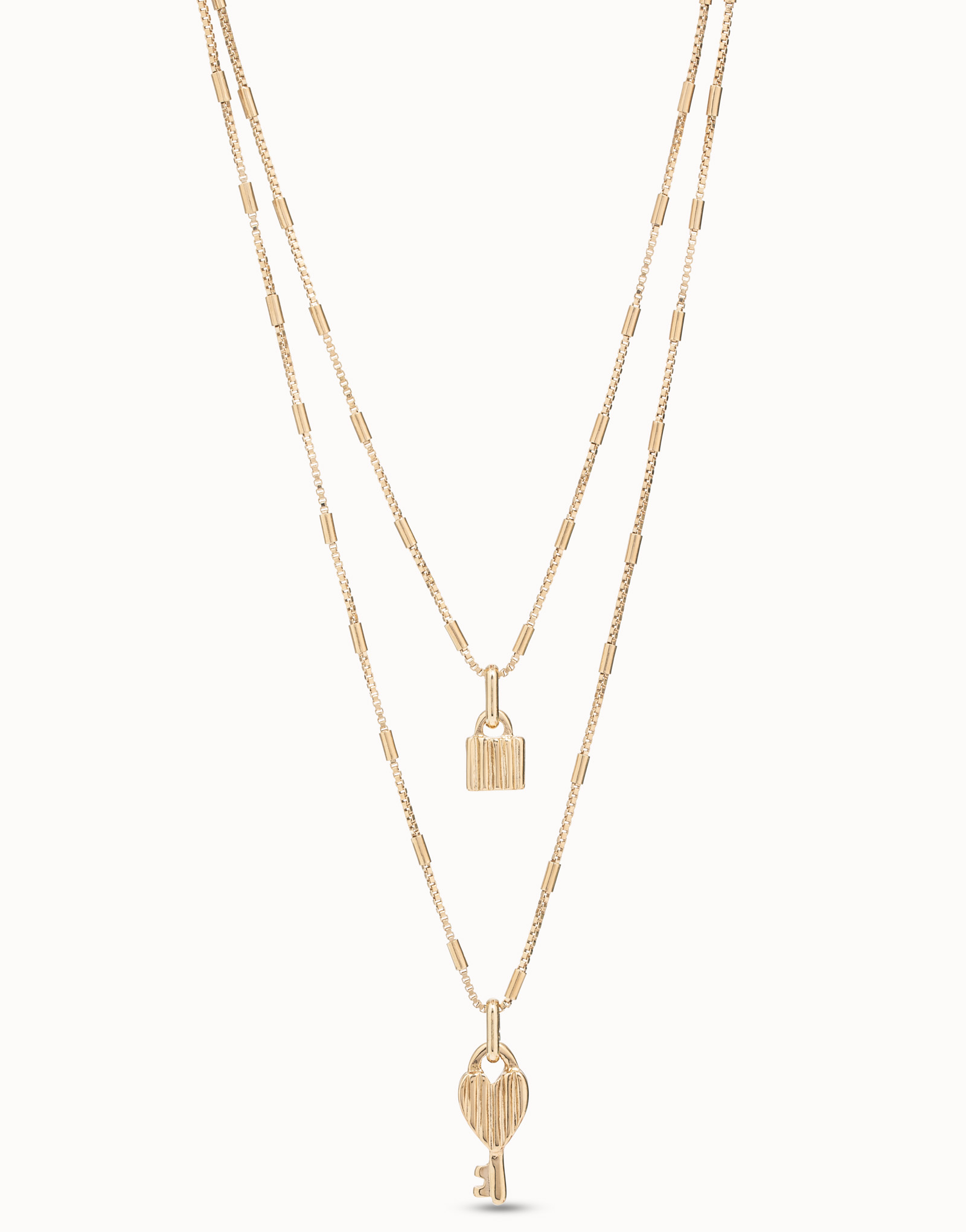 Gold pendant with 2 chains and key and padlock charms, Golden, large image number null