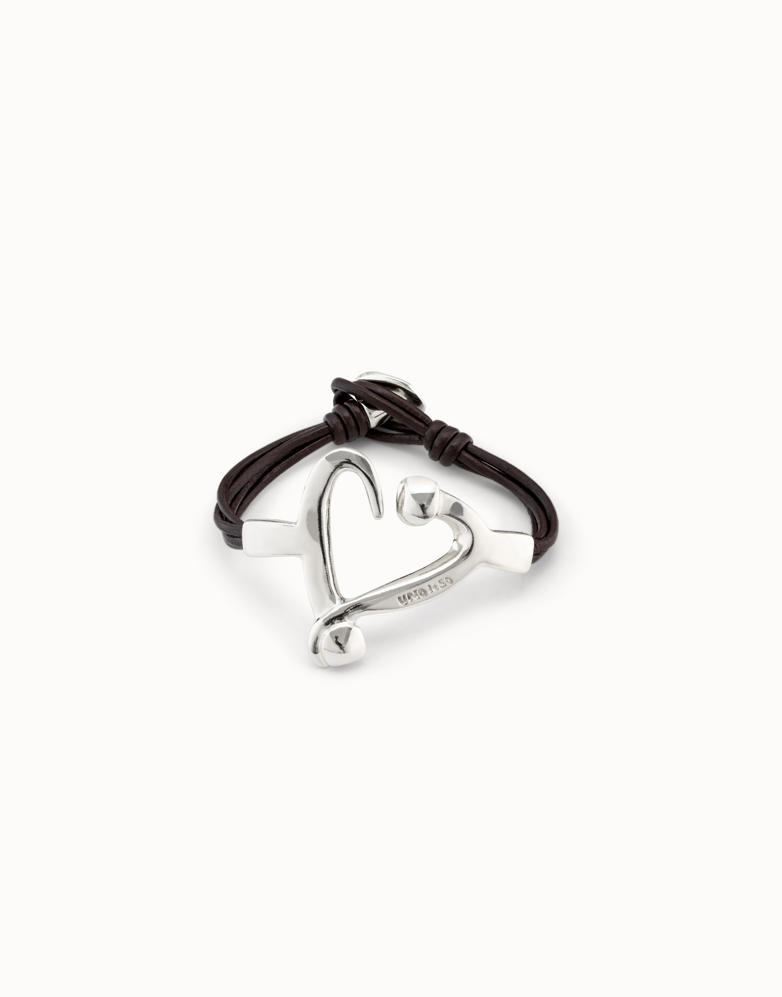 Sterling silver-plated bracelet with leather straps and nailed heart shape, Silver, large image number null