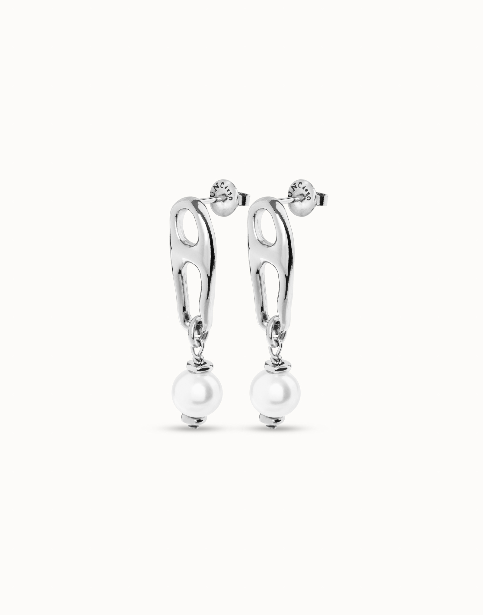 Sterling silver-plated earrings with link and pearl, Silver, large image number null