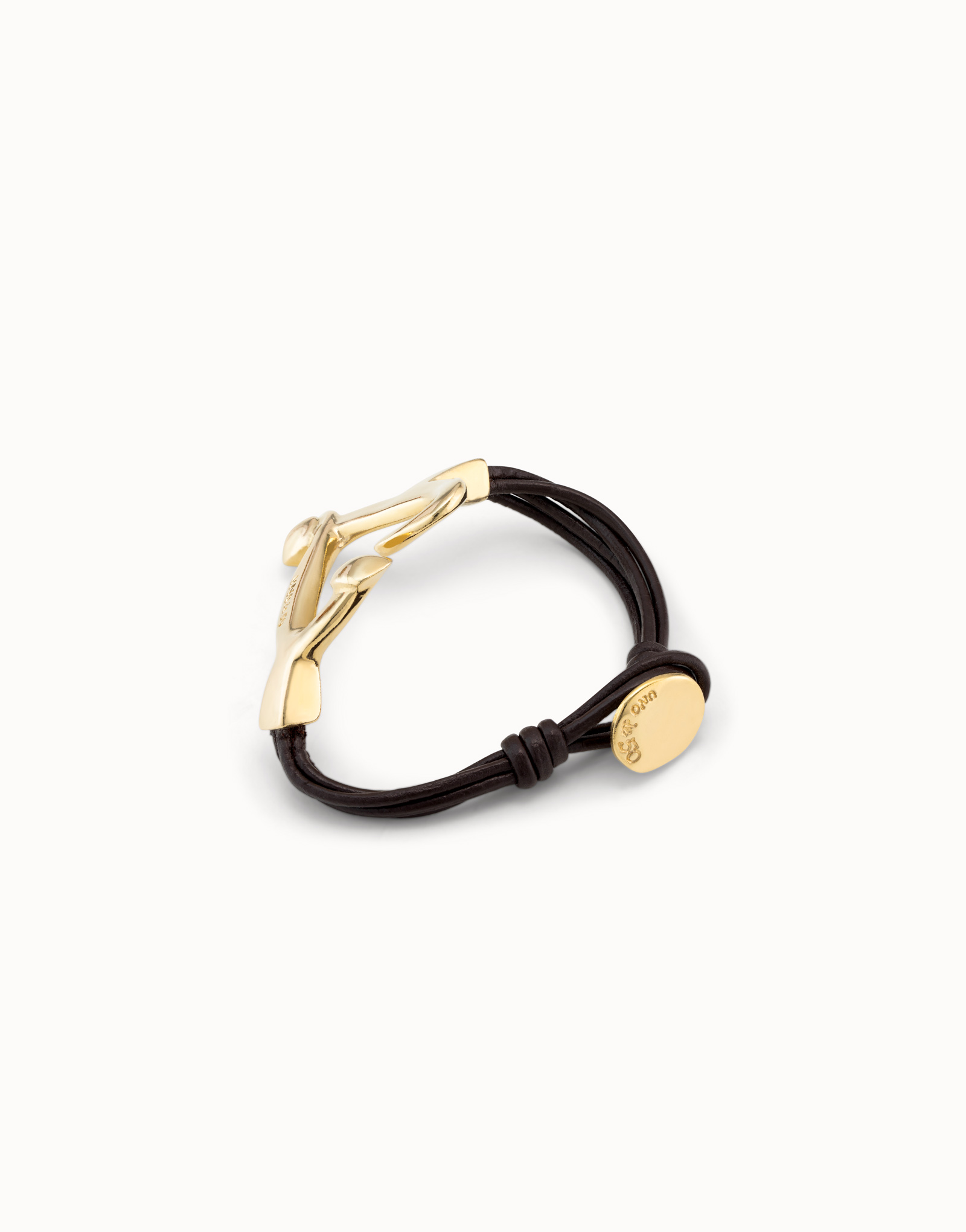 18K gold-plated bracelet with leather straps and nailed heart shape, Golden, large image number null