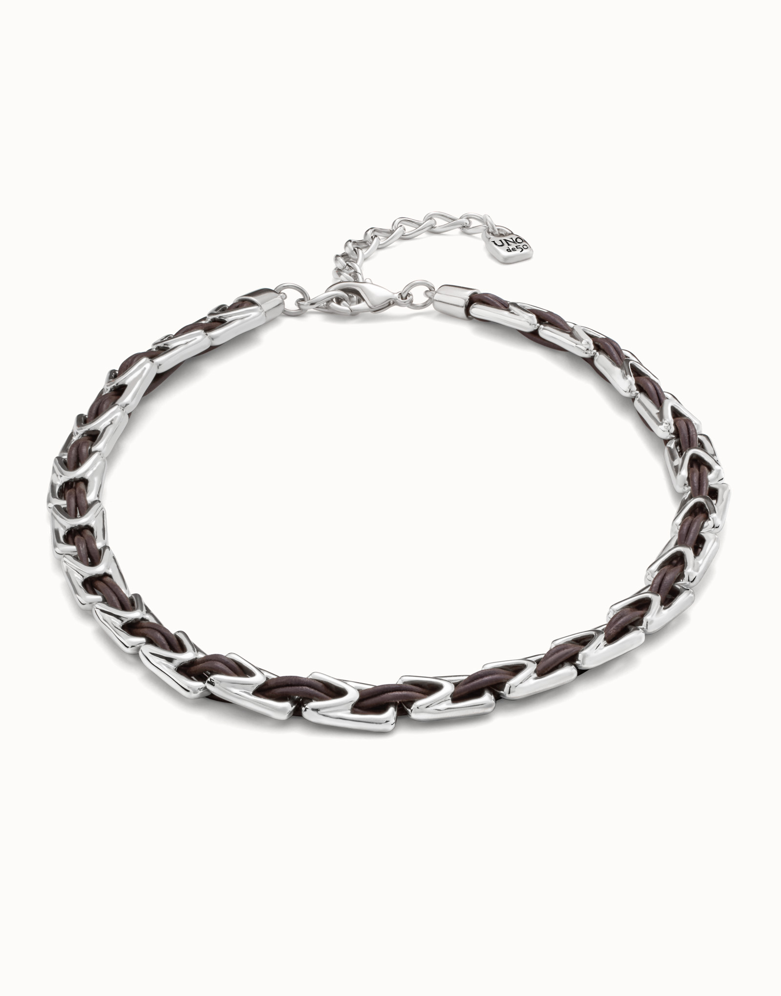 Short leather necklace with sterling silver-plated links., Silver, large image number null