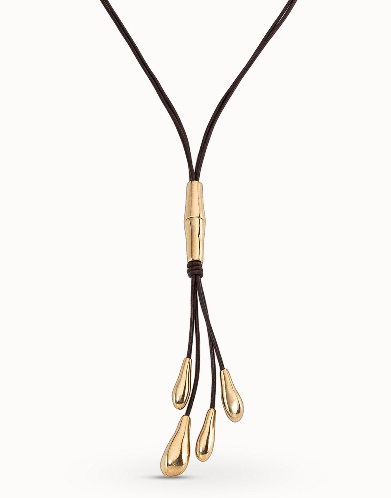 18K gold-plated long leather whip necklace with 2 tubules and 4 fringes with drops, Golden, large image number null