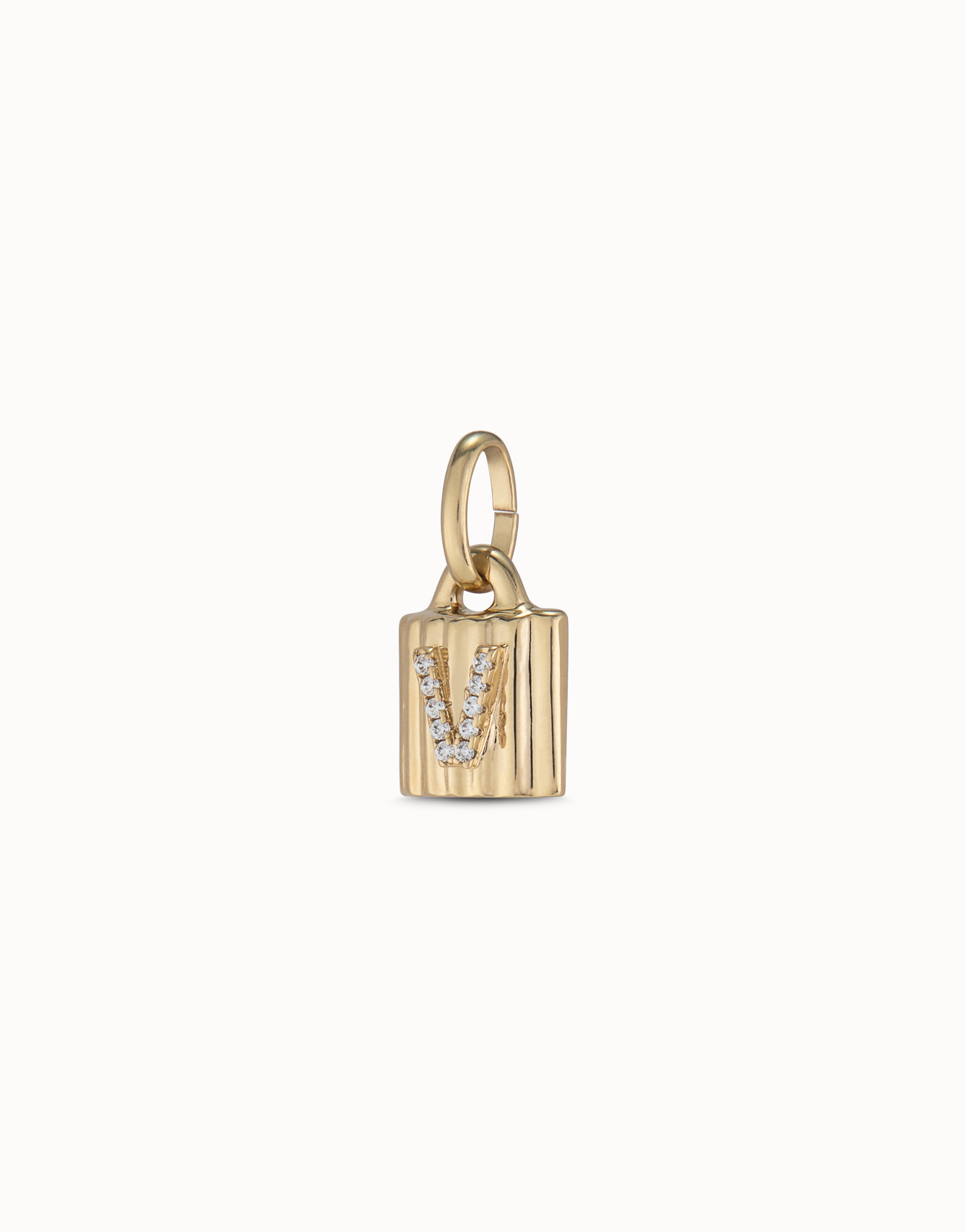 18K gold-plated padlock charm with topaz letter V, Golden, large image number null