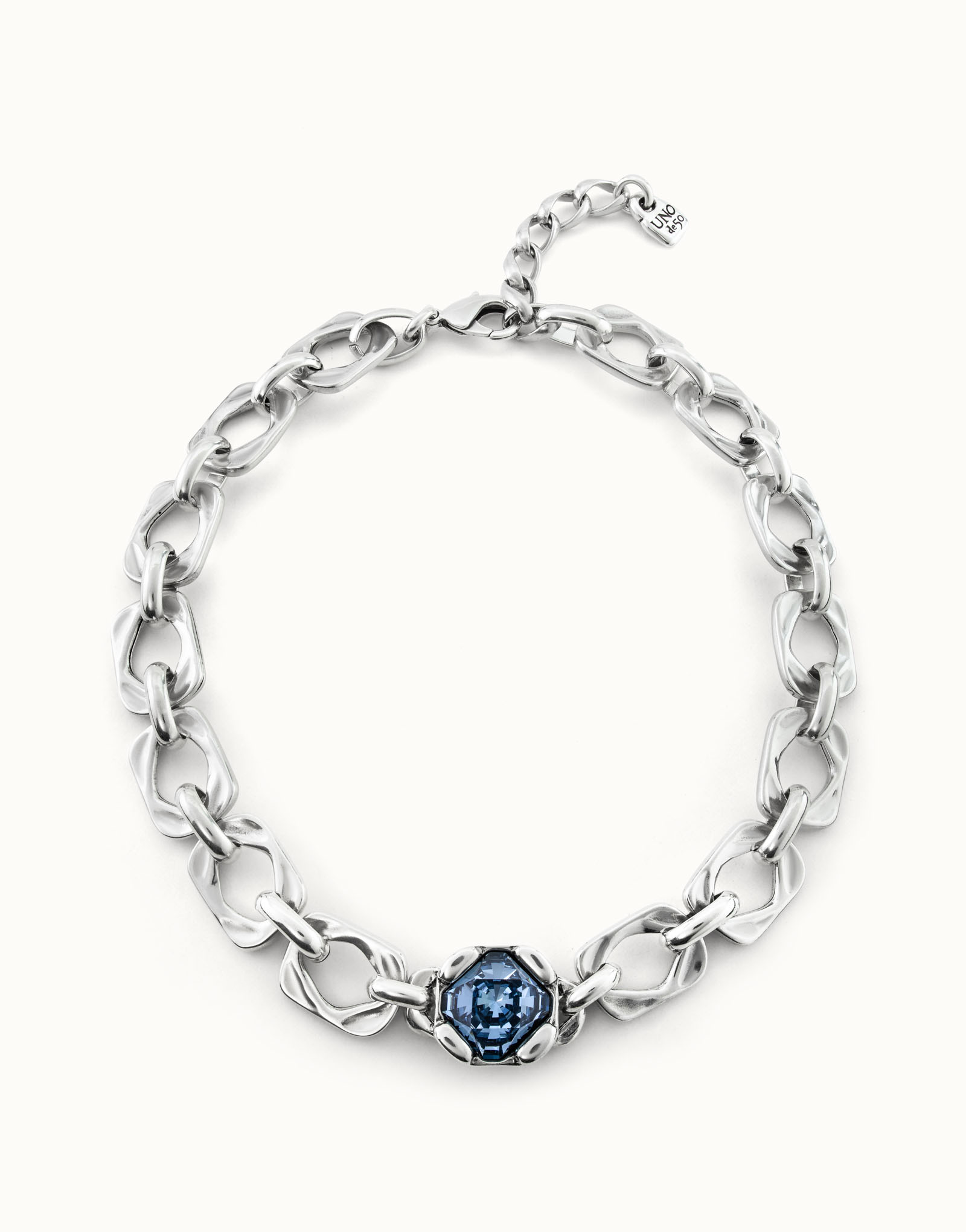 Sterling silver-plated necklace with blue central crystal, Silver, large image number null