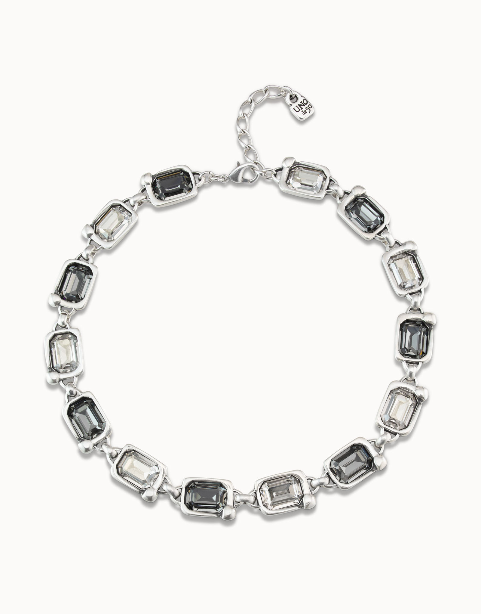 Sterling silver-plated short necklace with case links with greenish gray and light gray crystals, Silver, large image number null