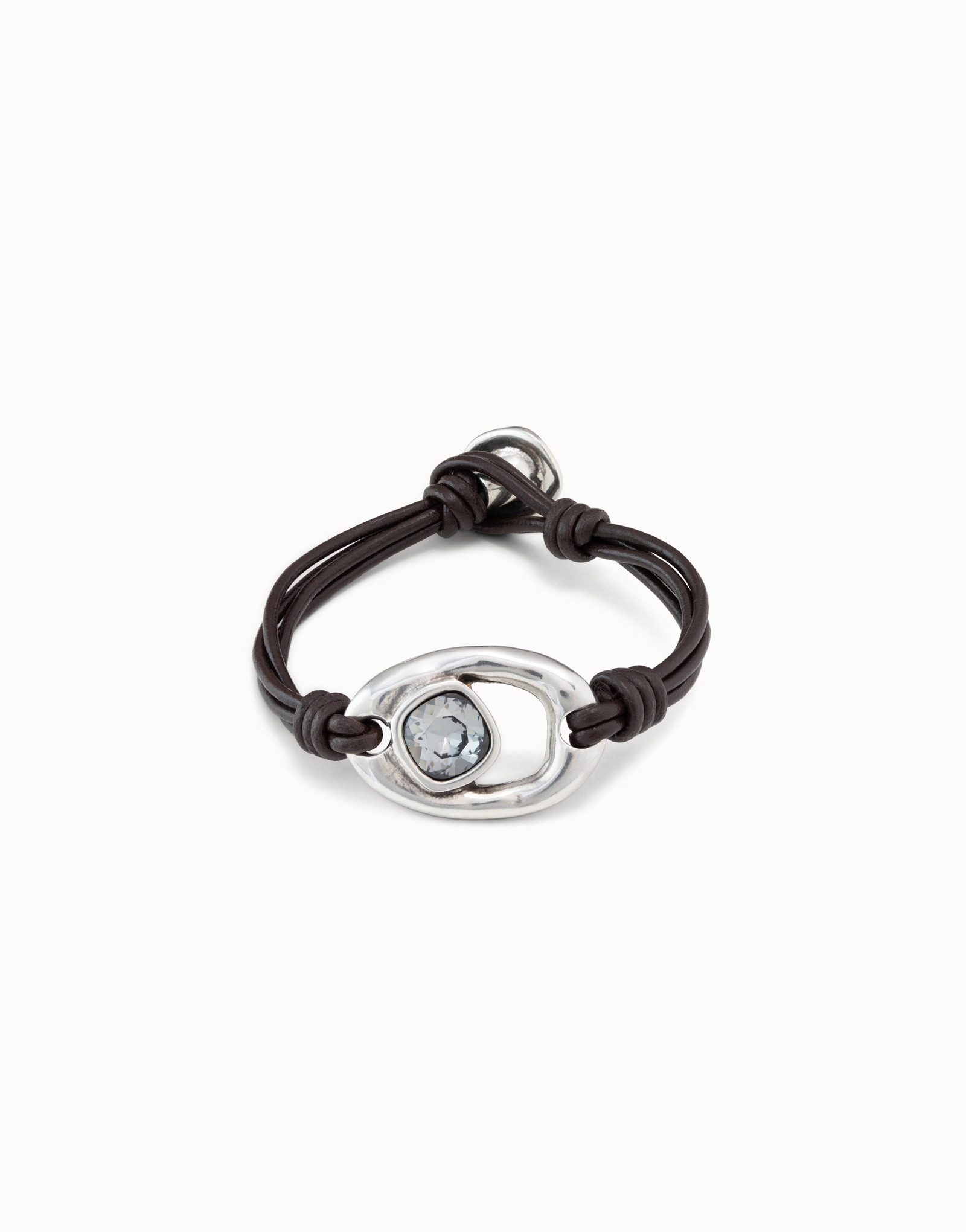 Bracelet en cuir de 4 lanières avec ovale plaqué argent et cristal, Argent, large image number null