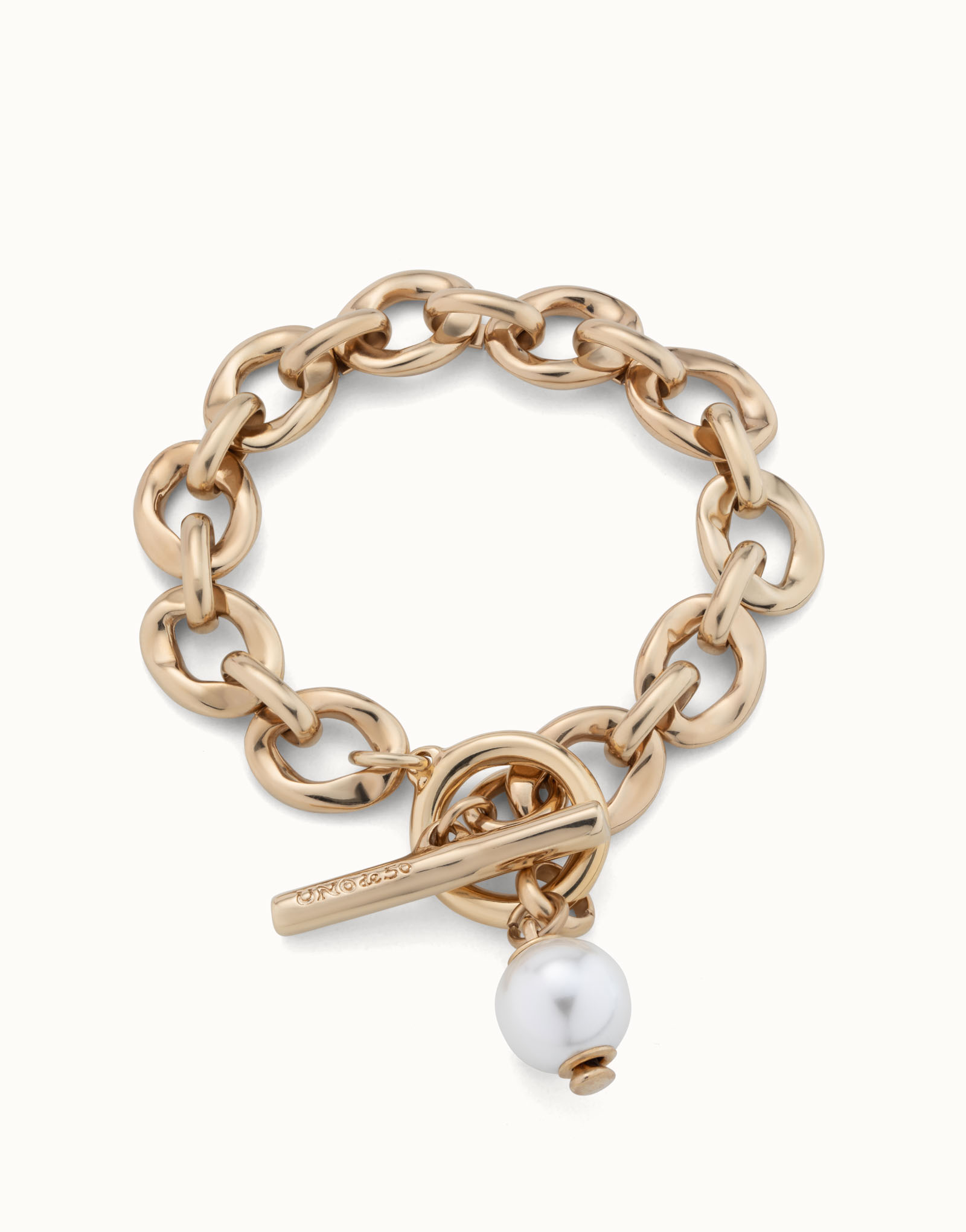 18K gold-plated bracelet with links and pearl charm, Golden, large image number null