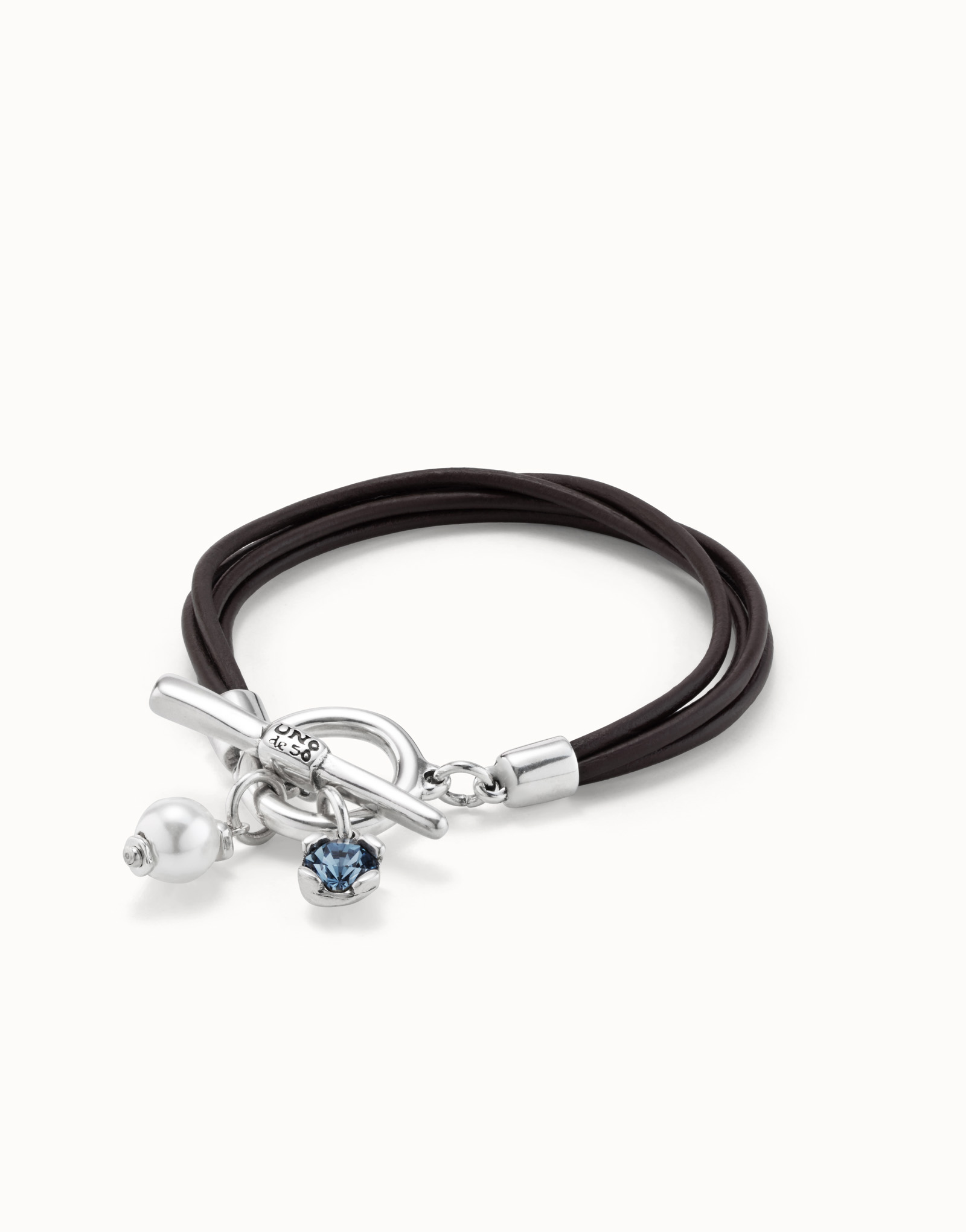 Sterling silver-plated leather bracelet with charms, crystals and pearl., Silver, large image number null