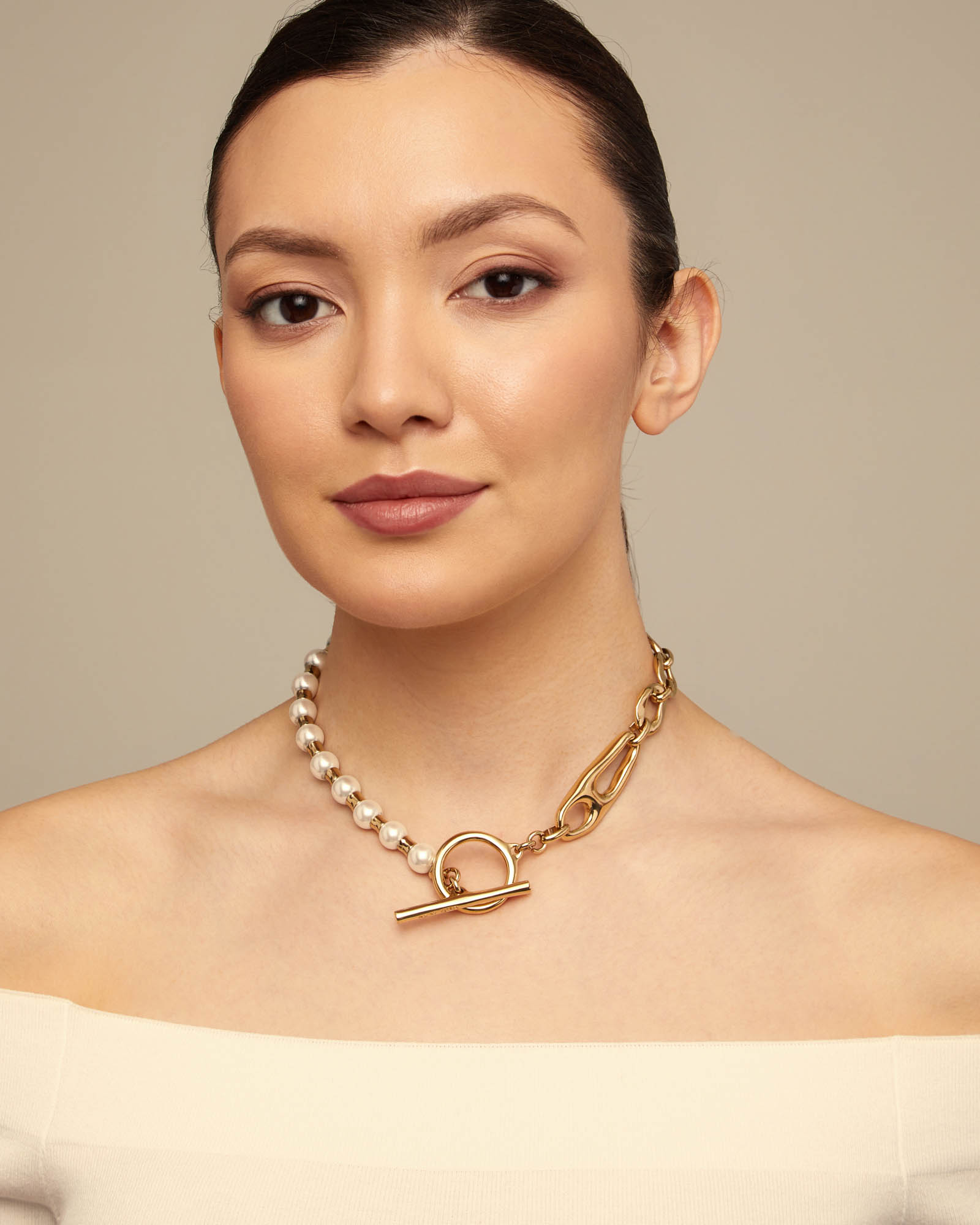 18K gold-plated necklace with a combination of links and pearls, Golden, large image number null