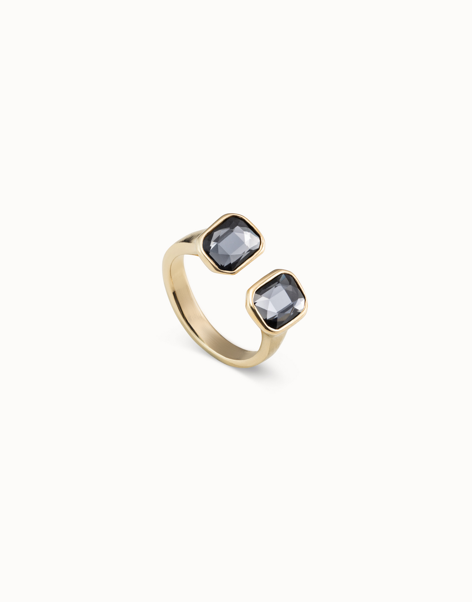 18K gold-plated open ring with 2 dark gray crystals, Golden, large image number null