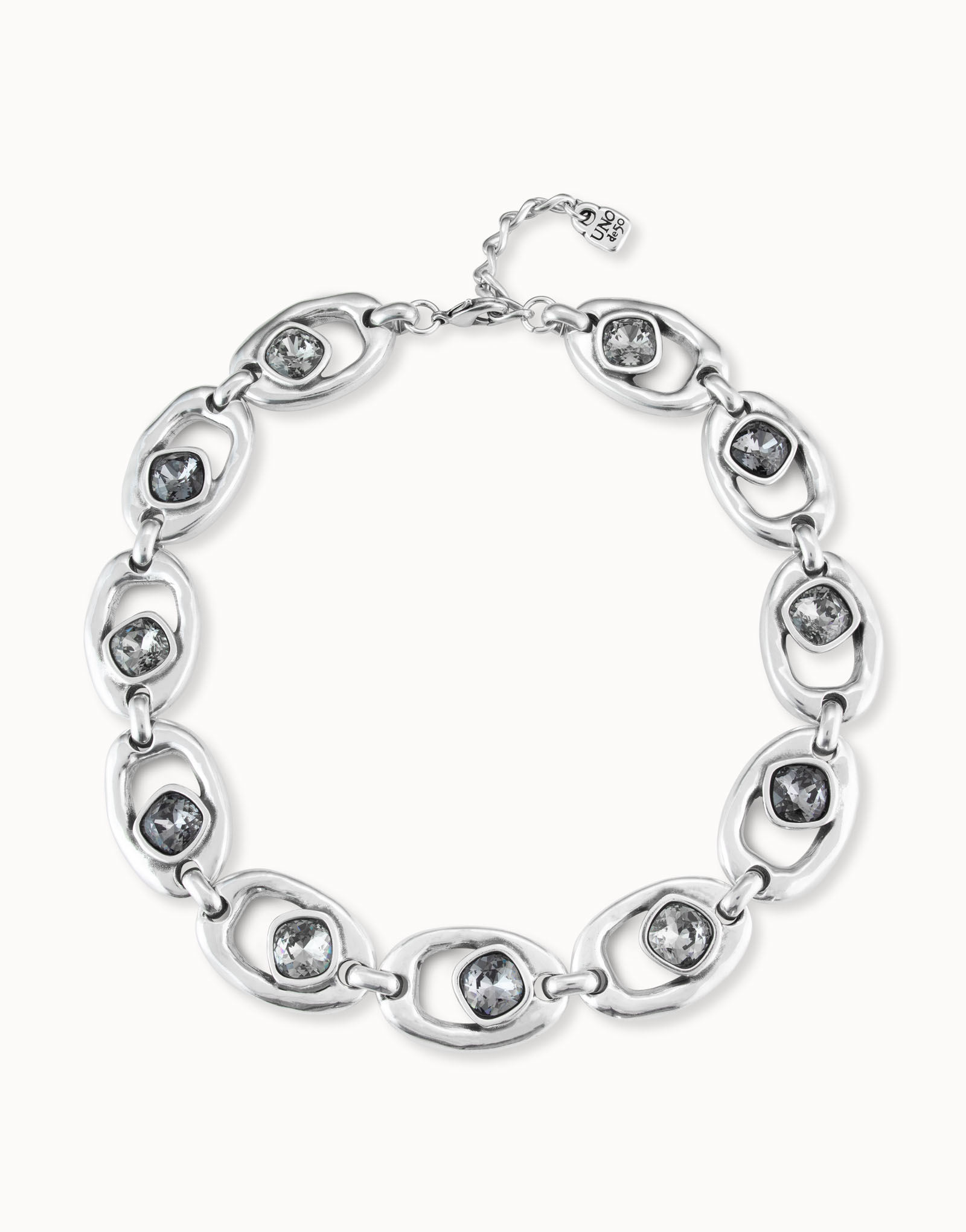 Sterling silver-plated necklace with large oval links with greenish gray and silver crystals, Silver, large image number null