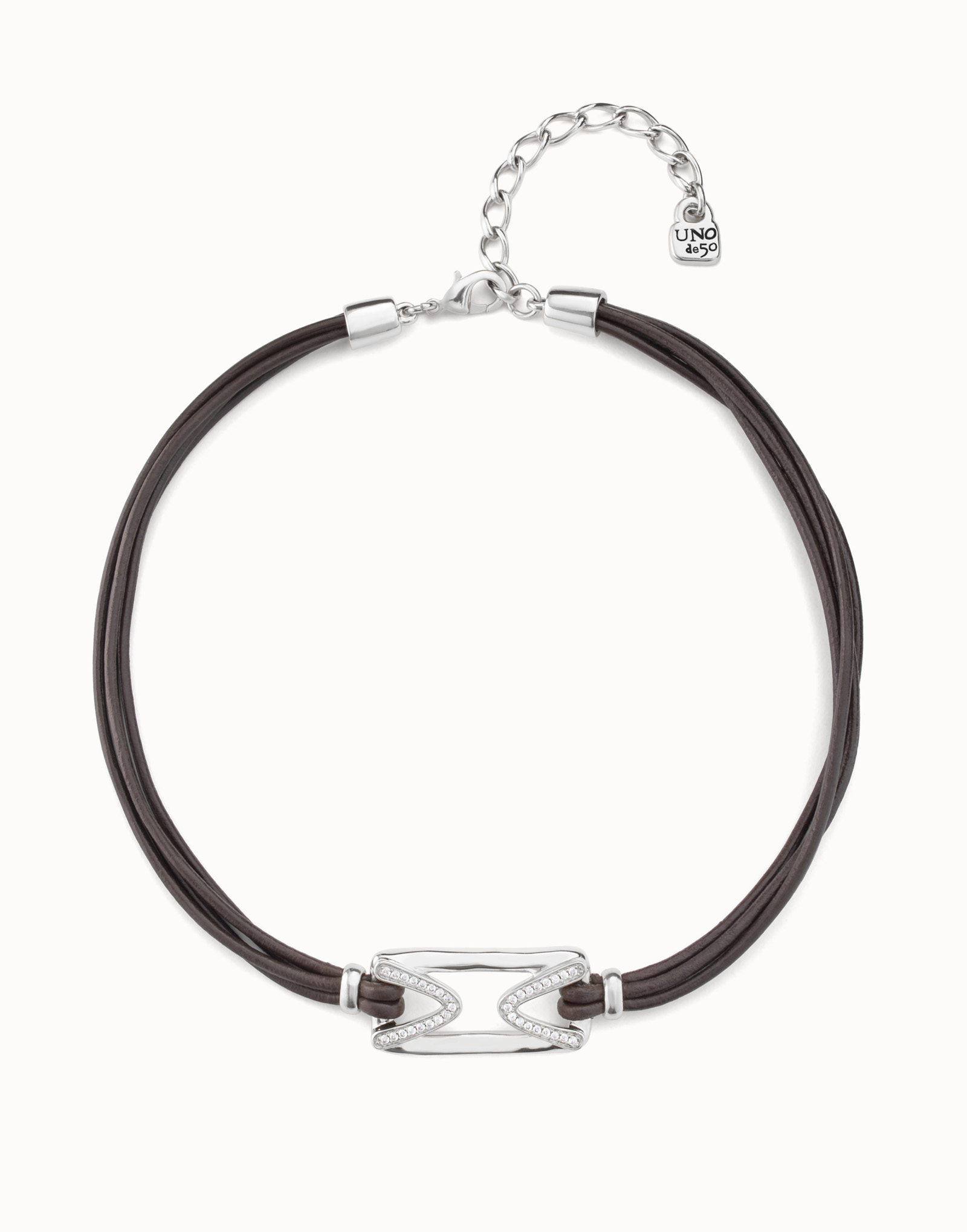 Short leather necklace with sterling silver-plated central link and topaz, Silver, large image number null