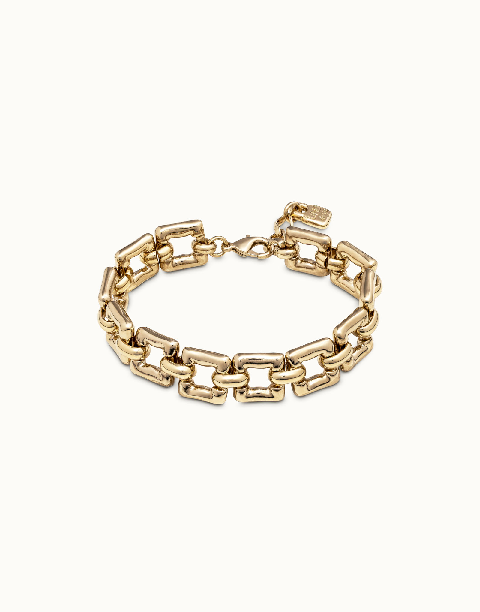 18K gold-plated bracelet with small square links and carabiner clasp, Golden, large image number null