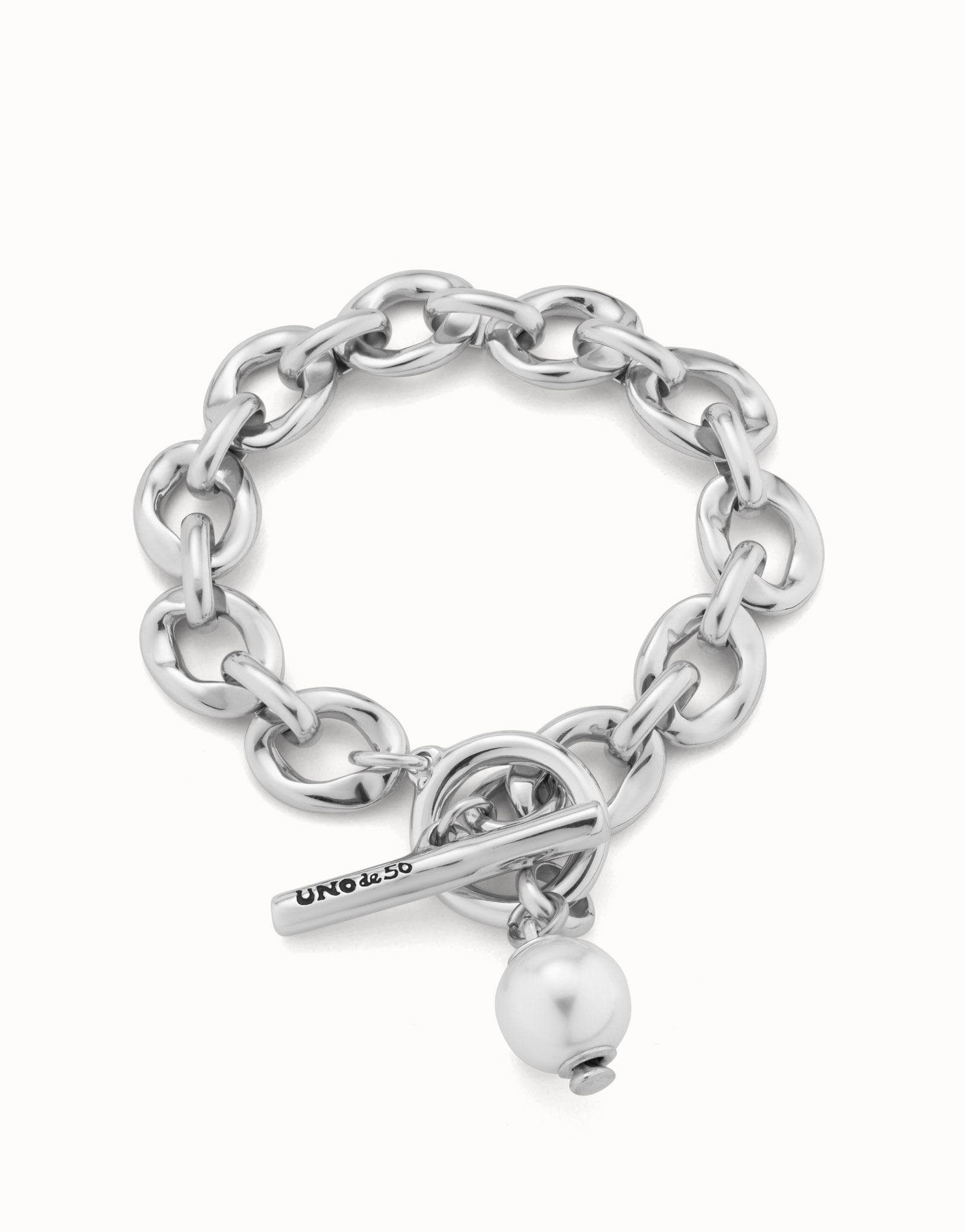 Sterling silver-plated bracelet with links and pearl charm, Silver, large image number null