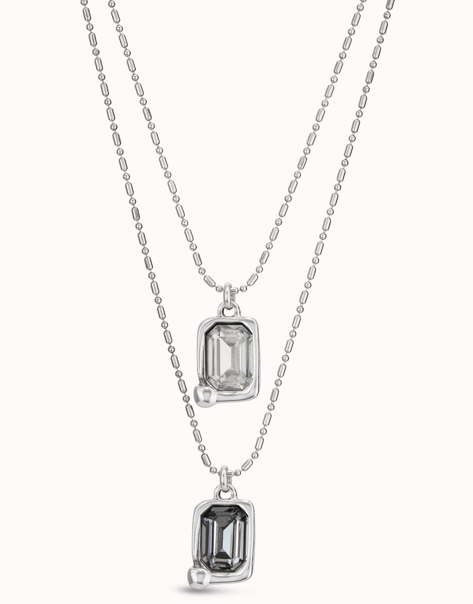 Sterling silver-plated necklace with 2 thin chains and 2 central charms with light gray and greenish gray crystal, Silver, large image number null