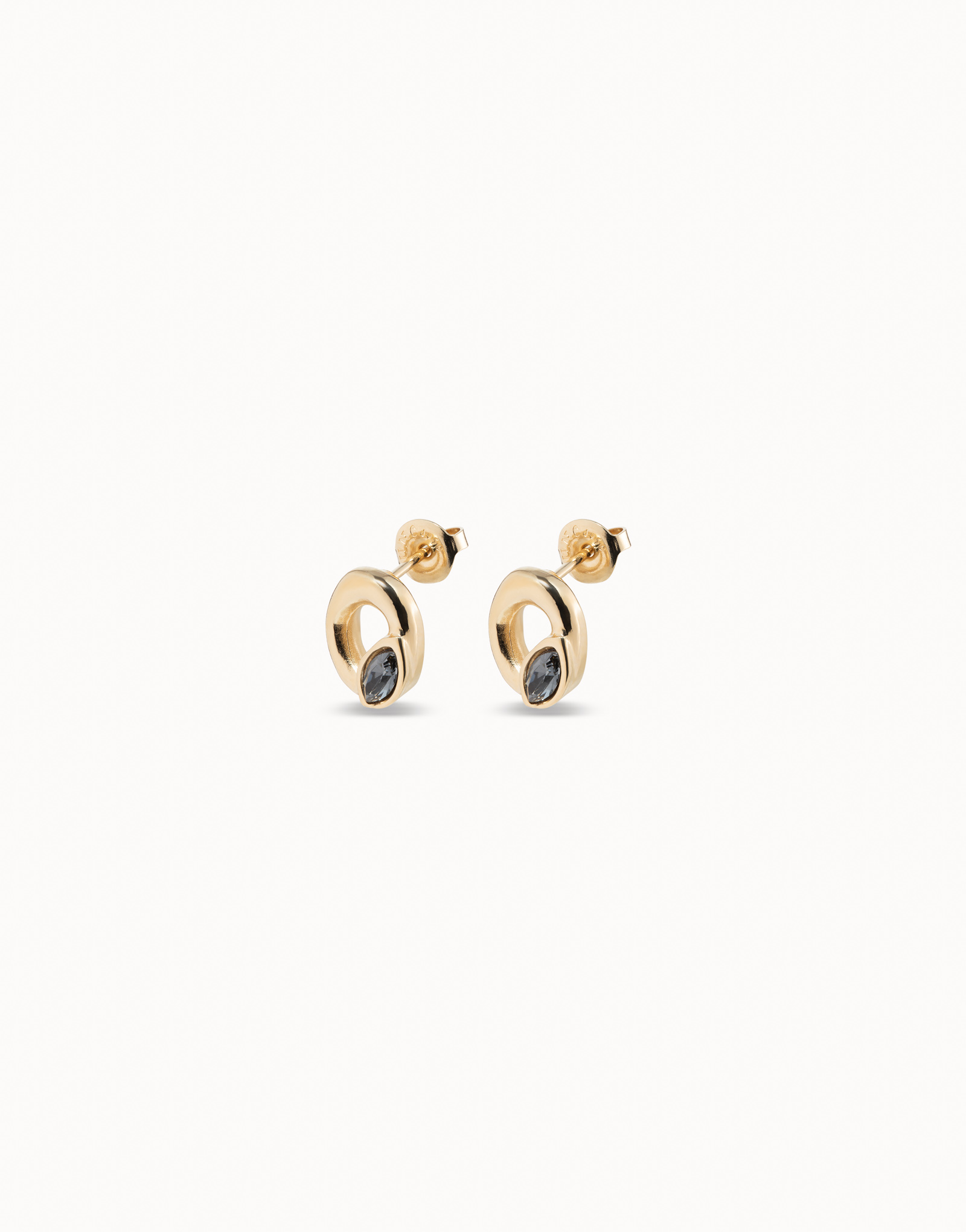 Gold-plated stud oval shaped earrings with light gray crystal, Golden, large image number null