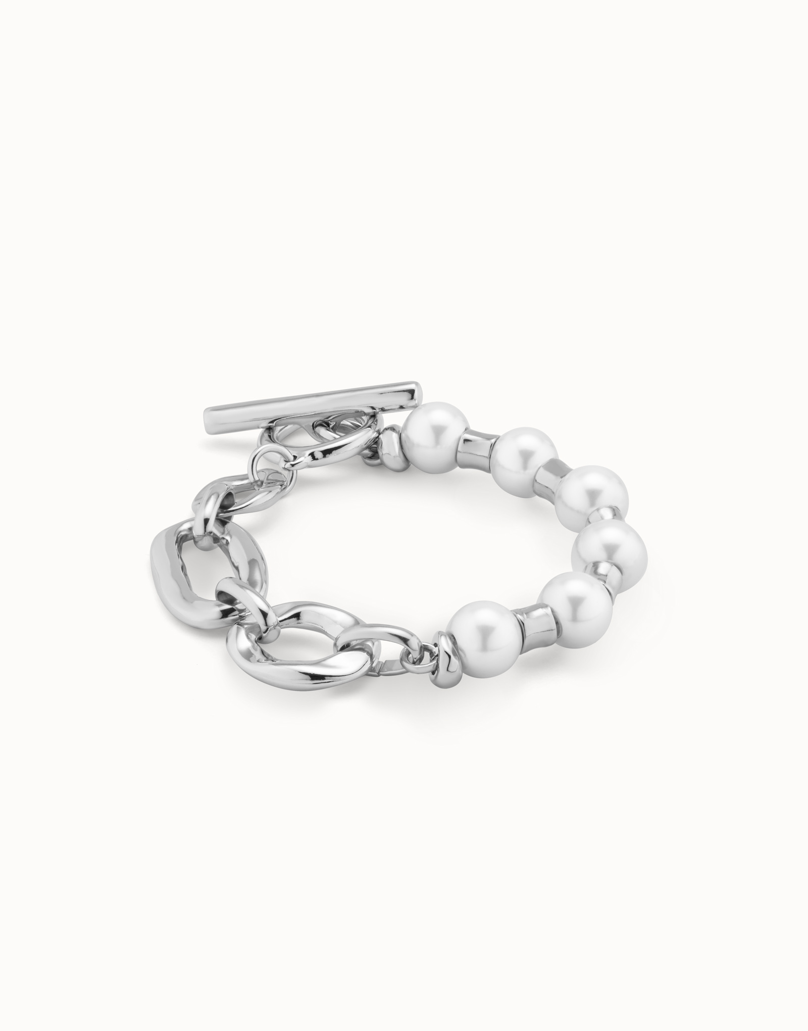 Sterling silver-plated bracelet with a combination of links and pearls, Silver, large image number null