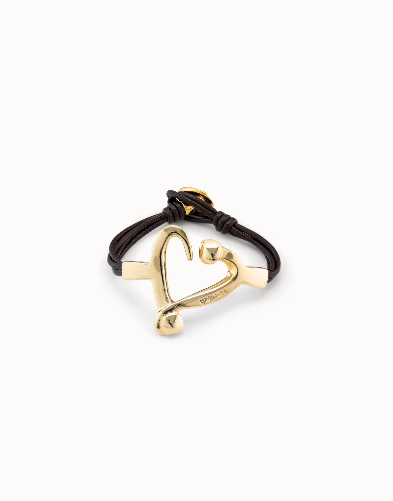 Pulsera bañada en oro de 18k con tiras de cuero y forma de corazón clavado, Dorado, large image number null
