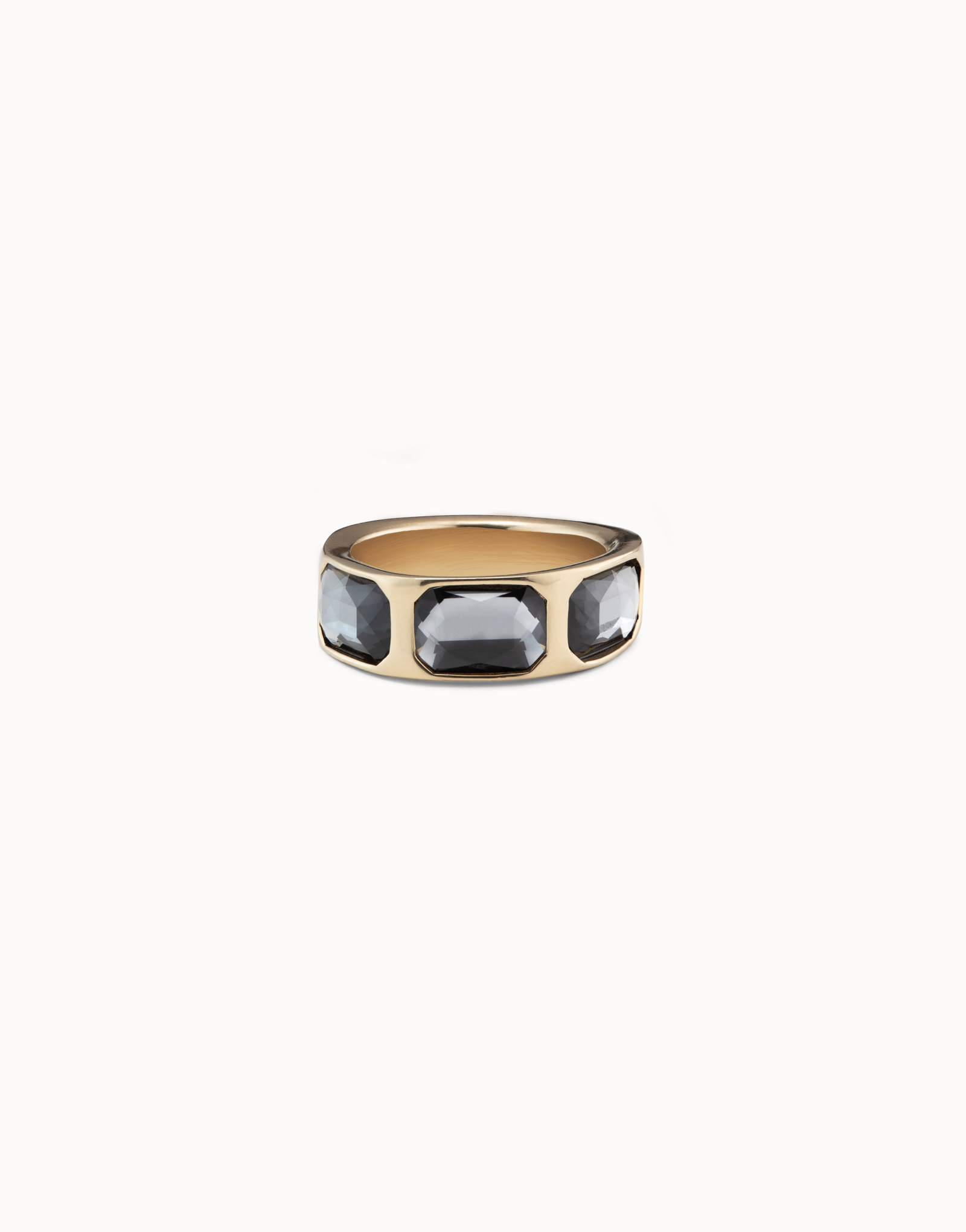 18K gold-plated ring with 3 dark gray crystals, Golden, large image number null