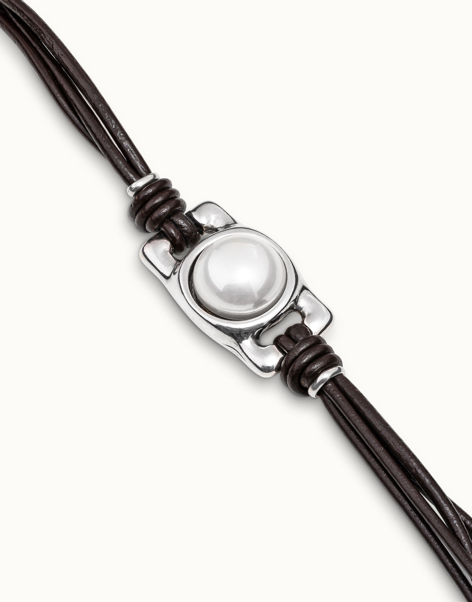 Bracelet en cuir marron plaqué argent rectangulaire avec perle, Argent, large image number null
