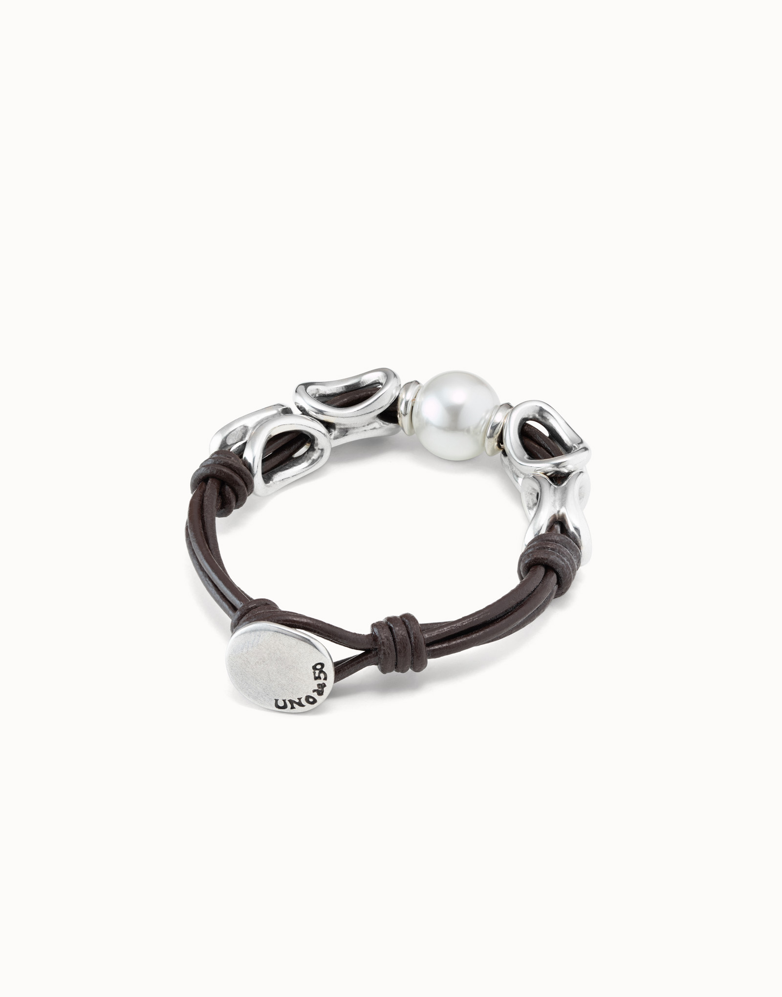 Brown leather bracelet with oval silver links, central pearl and button clasp, , large image number null