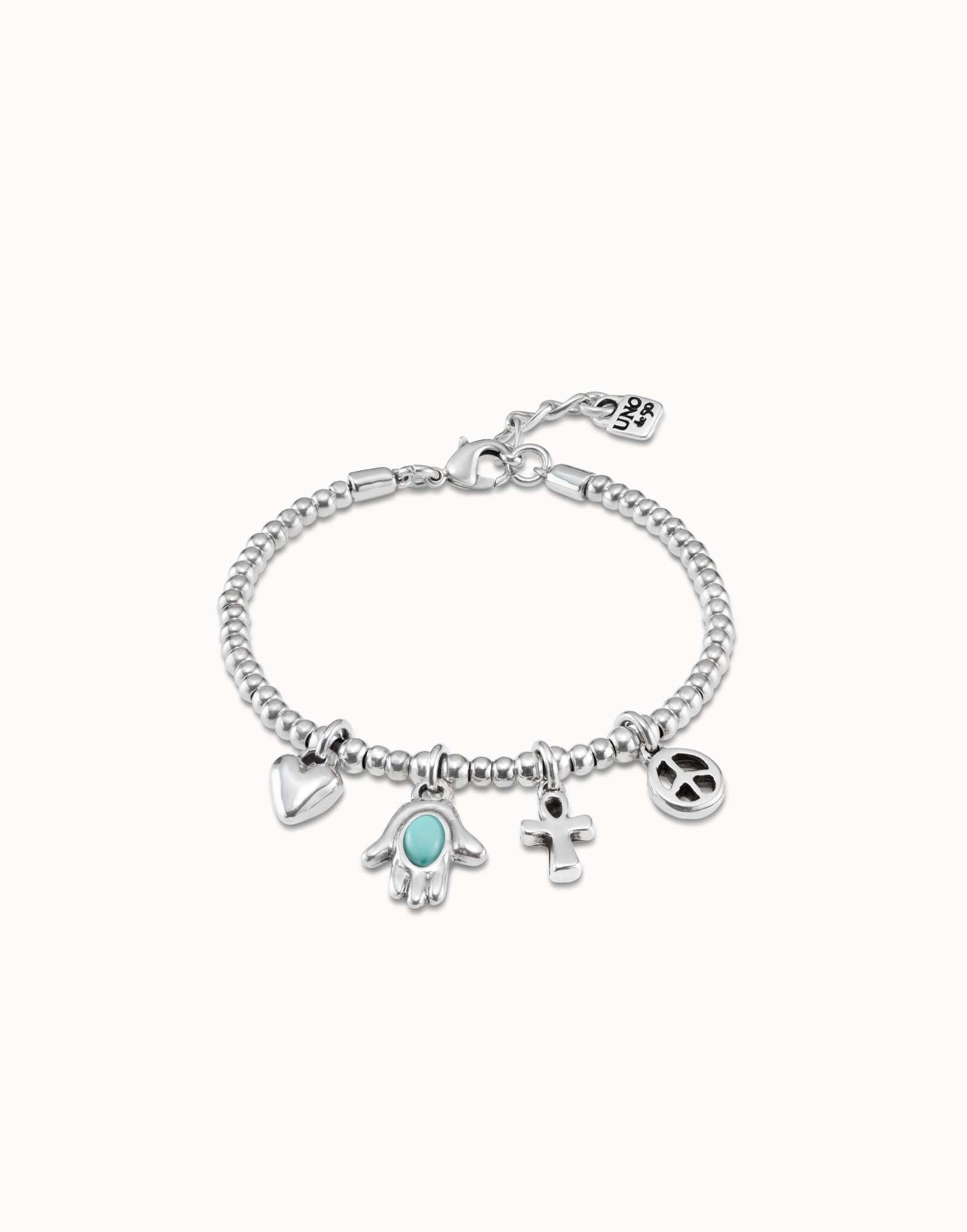 Sterling silver-plated bracelet with bead chain, 4 charms and carabiner clasp, , large image number null