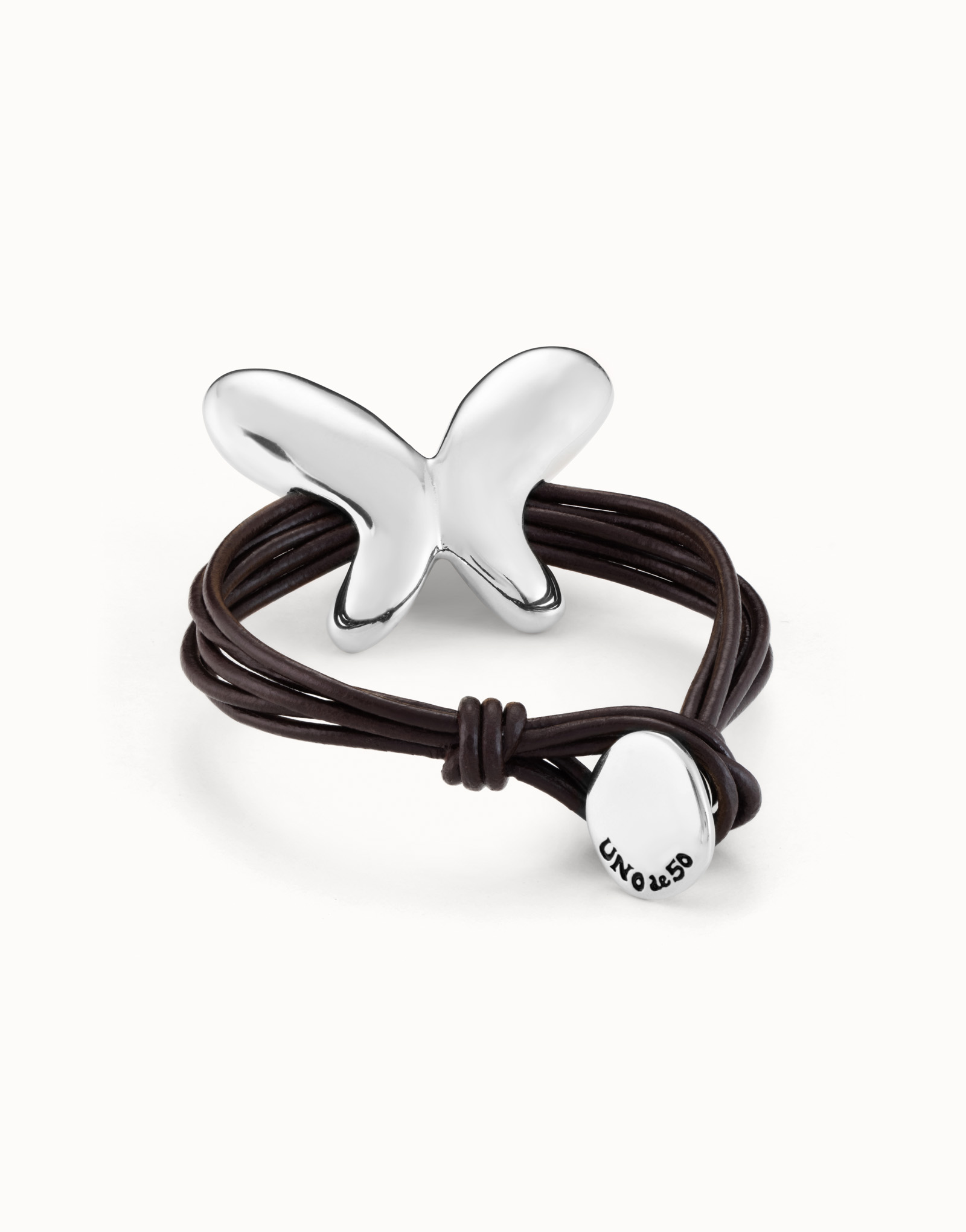 Bracelet en cuir de 5 lanières avec papillon central plaqué argent et fermoir bouton, Argent, large image number null