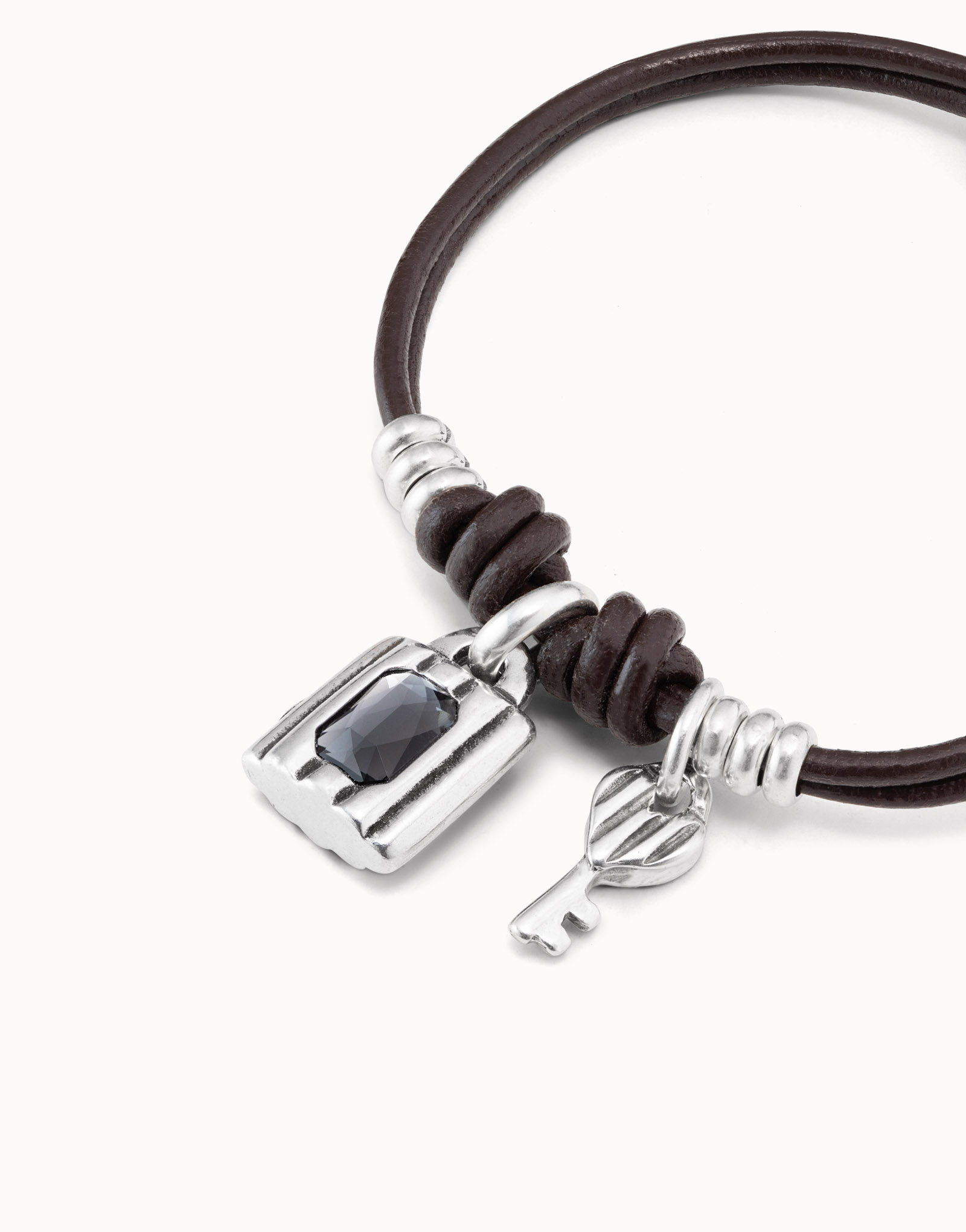 Bracelet plaqué argent avec lanières en cuir et charmes en forme de cadenas et de clé, , large image number null