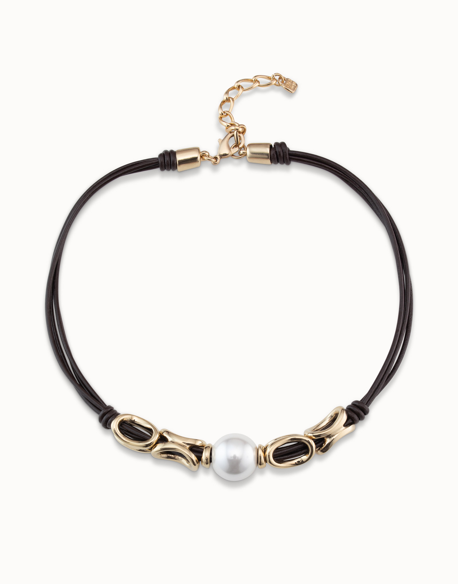 Short necklace with 4 leather straps with 18K gold-plated links and central pearl, Golden, large image number null