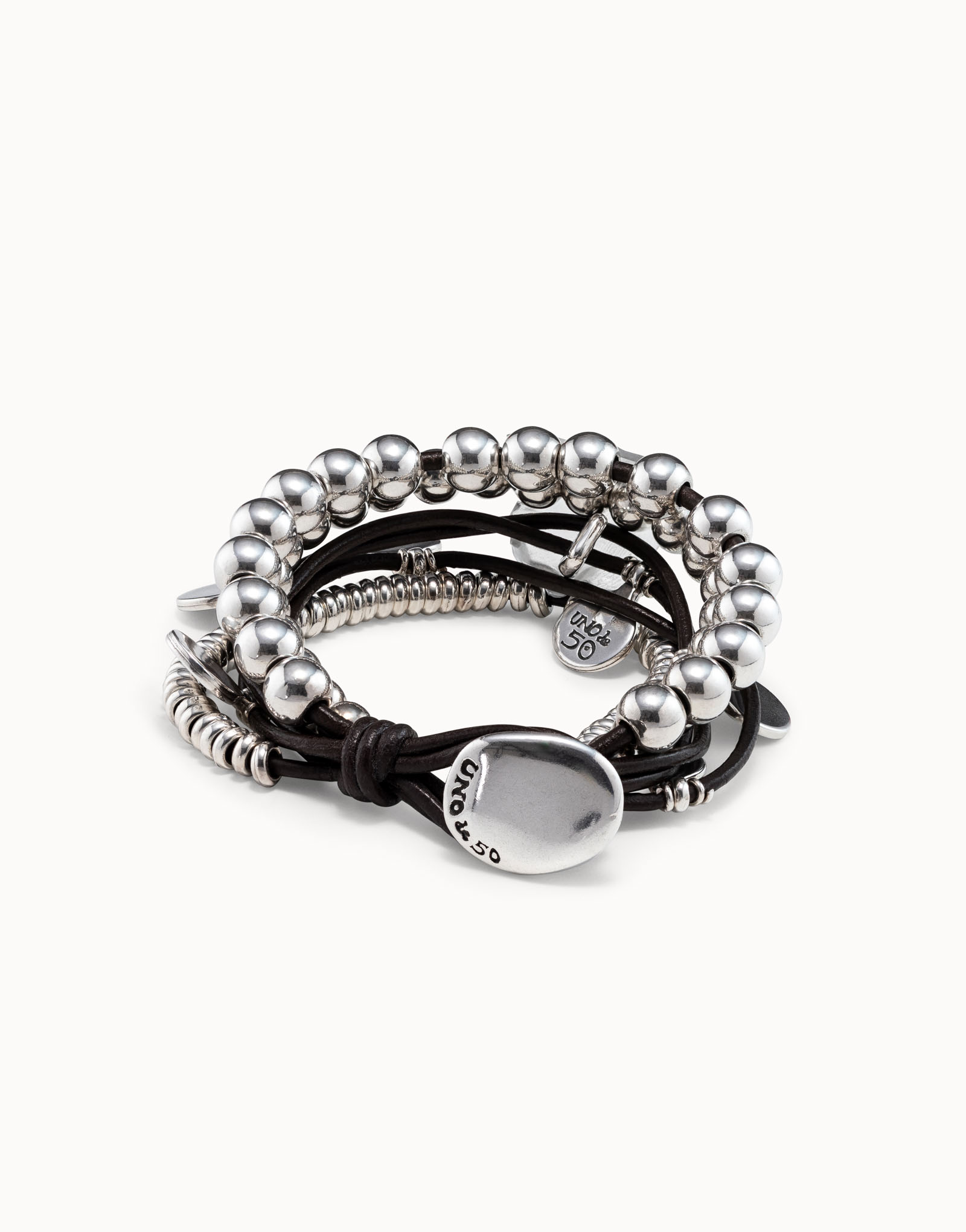 Leather and sterling silver-plated bracelet, Silver, large image number null