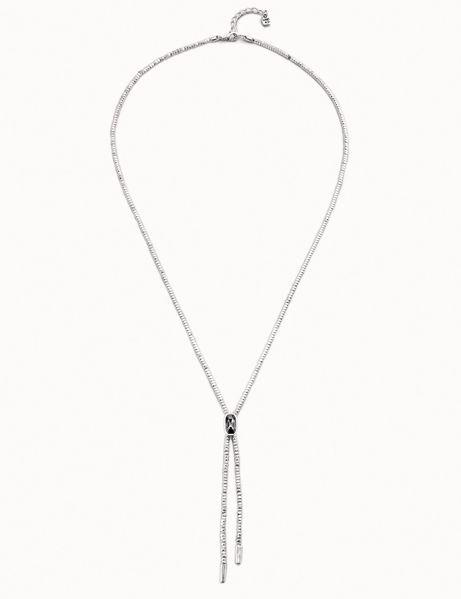 Sterling silver-plated long whip necklace with small beads and gray crystal, Silver, large image number null